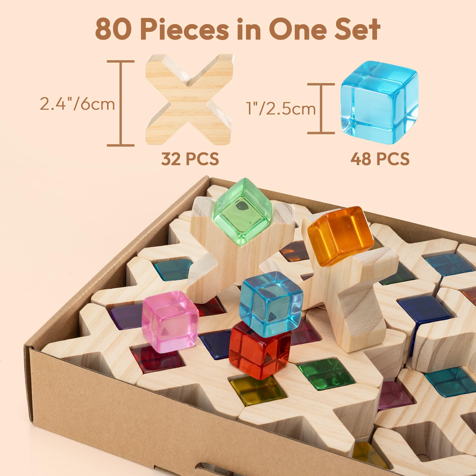 Woodtoe Holzbausteine für Kinder, 48 Stück Regenbogen-Acryl-Edelstein-Würfel, 32 Holzblöcke, Montessori Stapelspielzeug für Kleinkinder, sensorisches Spielzeug