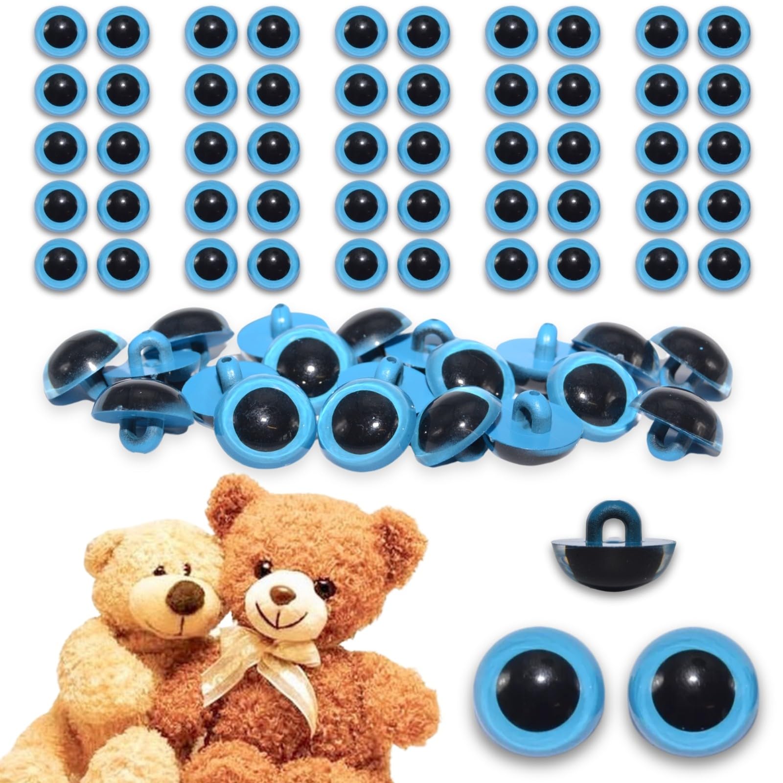 celloexpress 12mm Blue Sew On Eyes - 50 Pairs - Half Round Button Eyes for Teddy Bear Animal Soft Toy Making