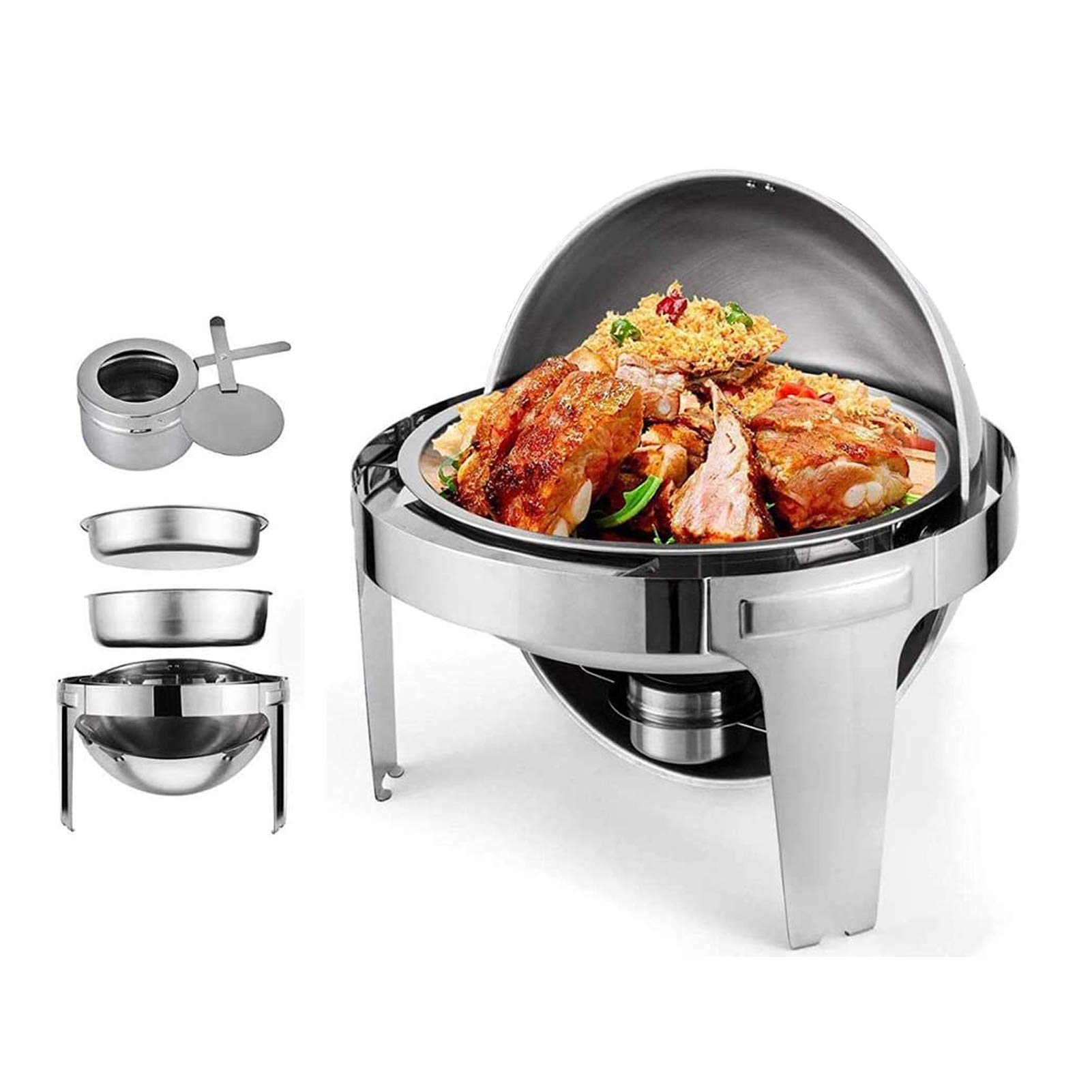 Plato de frotamiento Redondo de Acero Inoxidable, 6L Calentador de Alimentos Plato de Buffet Bandeja de Catering, con recipientes para Alimentos Soportes de Combustible, para Cater