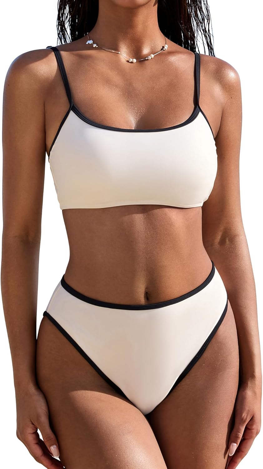 SUUKSESS Women High Waisted 2 Piece Bikini Set Cheeky High Cut Bandeau Swimsuit