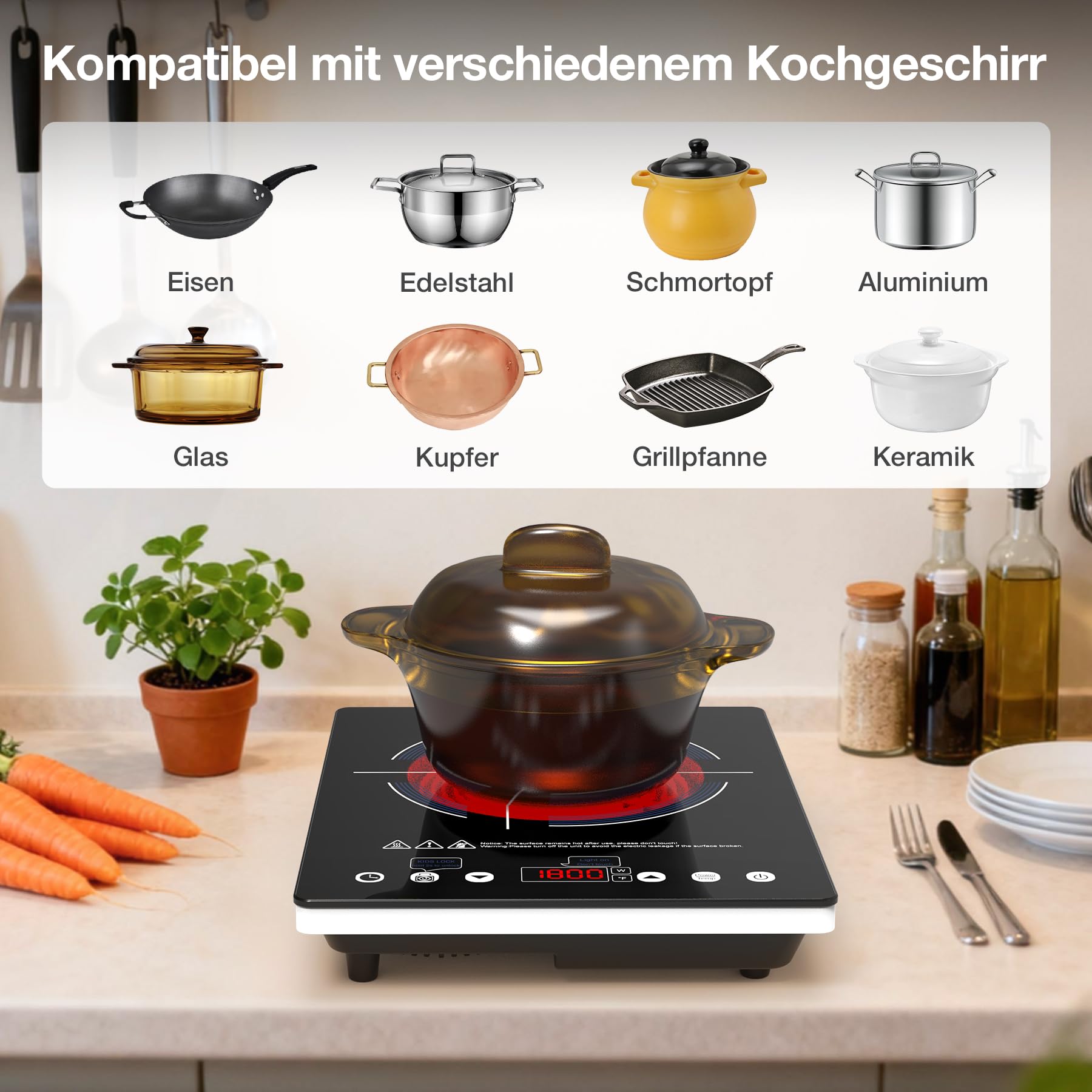 Elektrische Kochplatte 2000W Glaskeramik Einzelkochplatte 10 Leistungsstufen Timer Kindersicherung