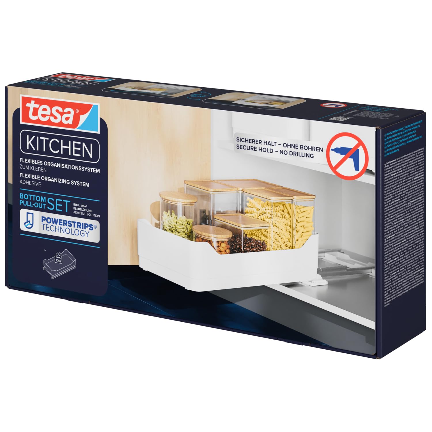tesa Pull-Out wysuwana szuflada do kuchni - samoprzylepna wysuwana szuflada do szafek kuchennych - bez wiercenia - teleskopowa szuflada na przybory kuchenne