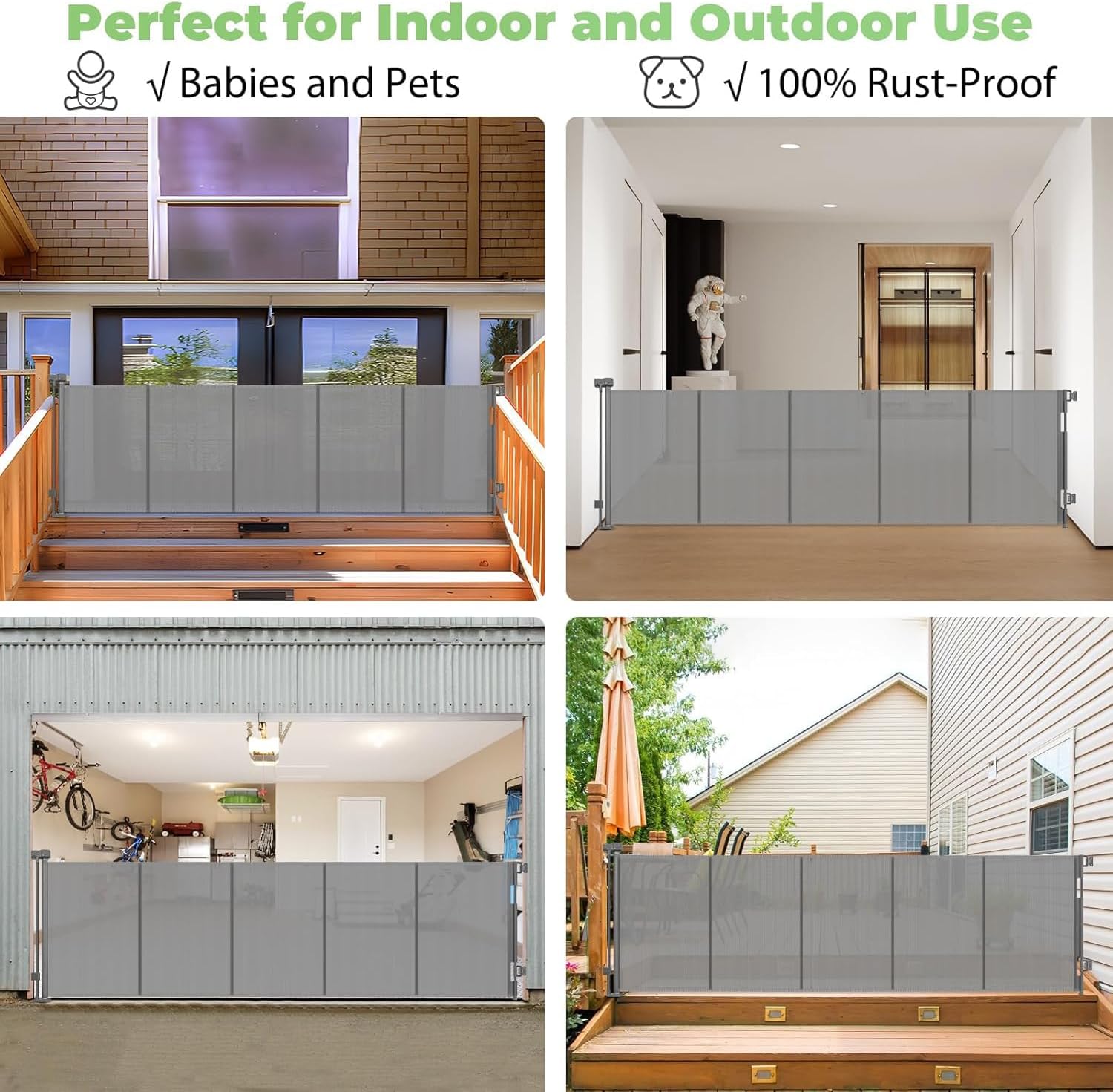 96 Inch Wide Reinforced Retractable Dog Gate with Support Rods - Prevent Crawling Under, Extra Long Retractable Baby Gate Large Dog Gate Indoor/Outdoor Retractable Pet Gate, Gray