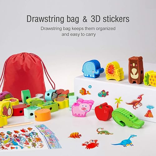 Miniatura 6 de Montessori - Juguetes educativos de madera con cordones para niños pequeños de 3, 4, 5 años, animales de granja, frutas, verduras, juguetes de