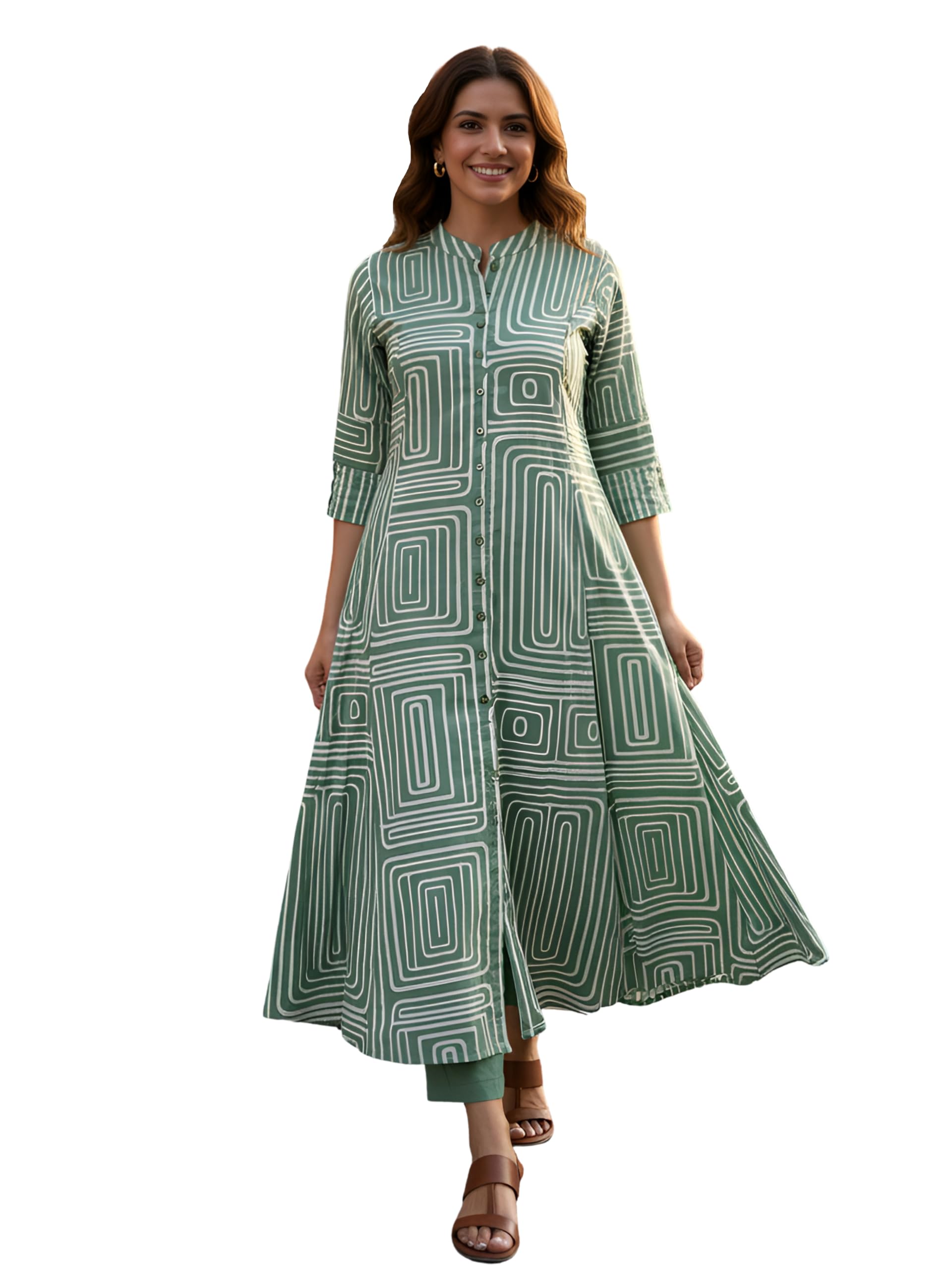 Yash Gallery Women’s Cotton Printed A-Line Kurta with Pant Set |Lilac Geometric Print|Mandarin Collar, Front Buttons & Short Roll-Up Sleeves|Casual & Office Ethnic Wear