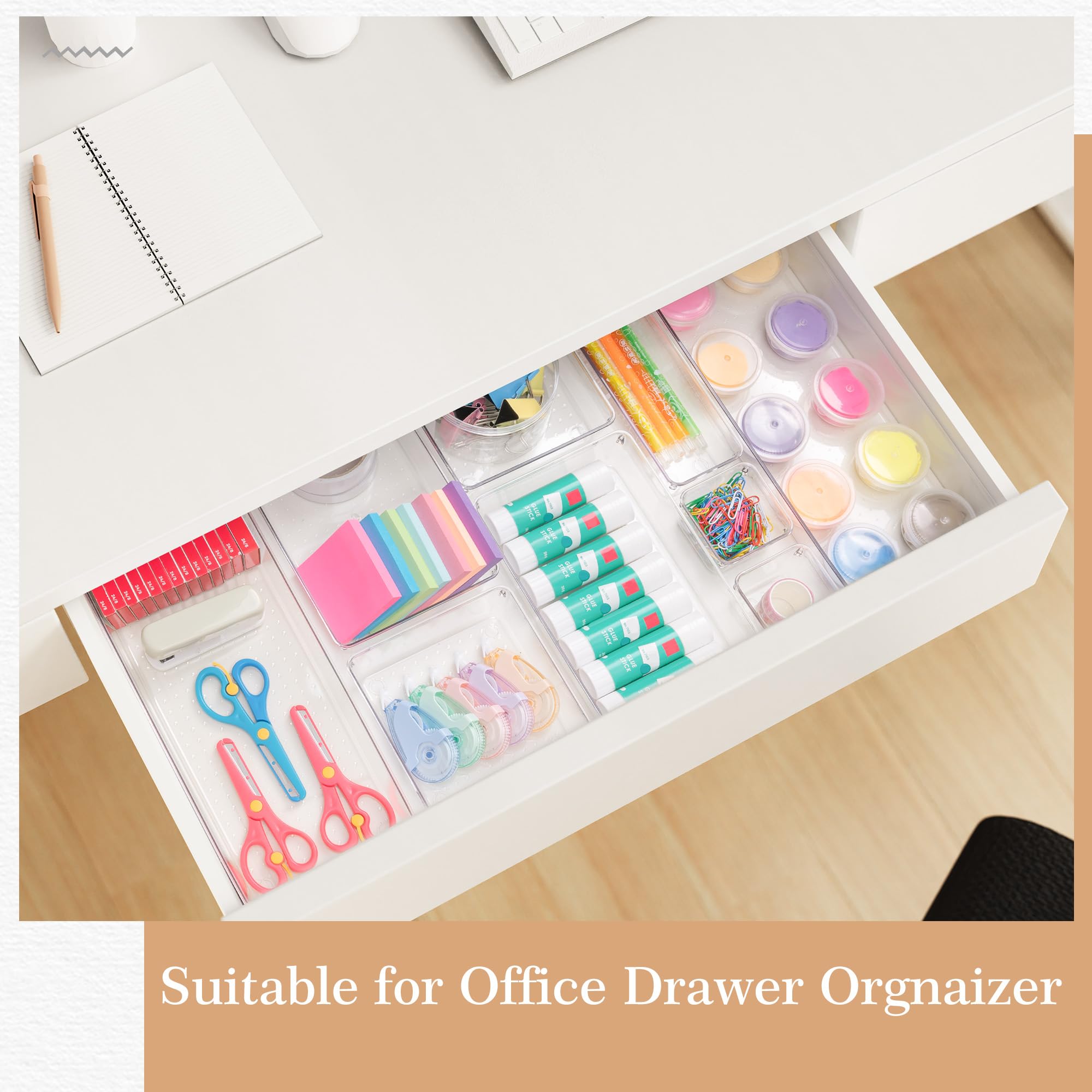 Criusia Organizer per cassetti, 5 dimensioni, versatili, per bagno e toeletta, confezione da 20 organizer per cassetti da cucina, in plastica trasparente, contenitori per trucchi, bagno, gioielli e