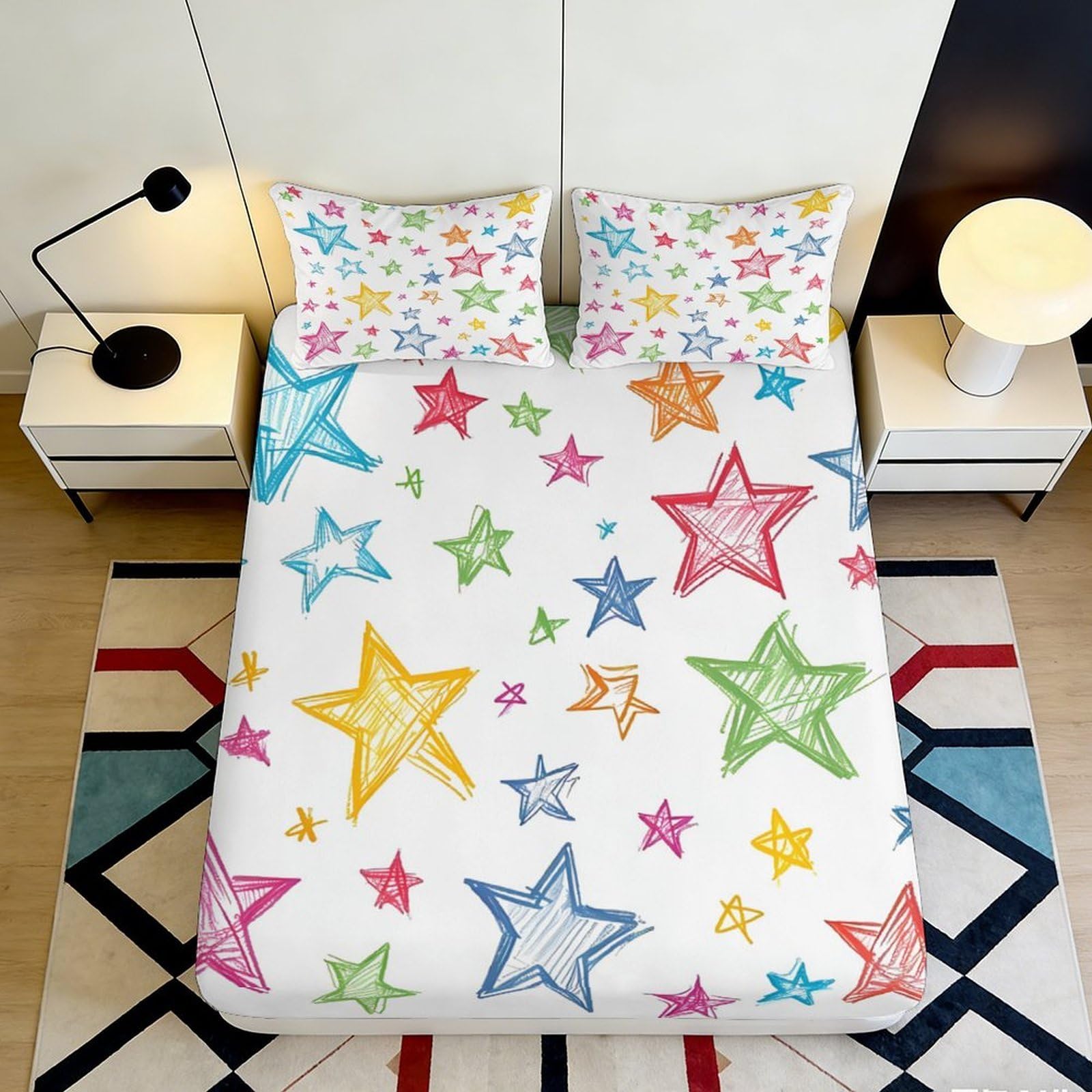 3D Printed colourful stars Fitted Sheet for main bedroom, Microfiber soft touch, anti-slip, easy care, apartment bedding 90x200x25cm
