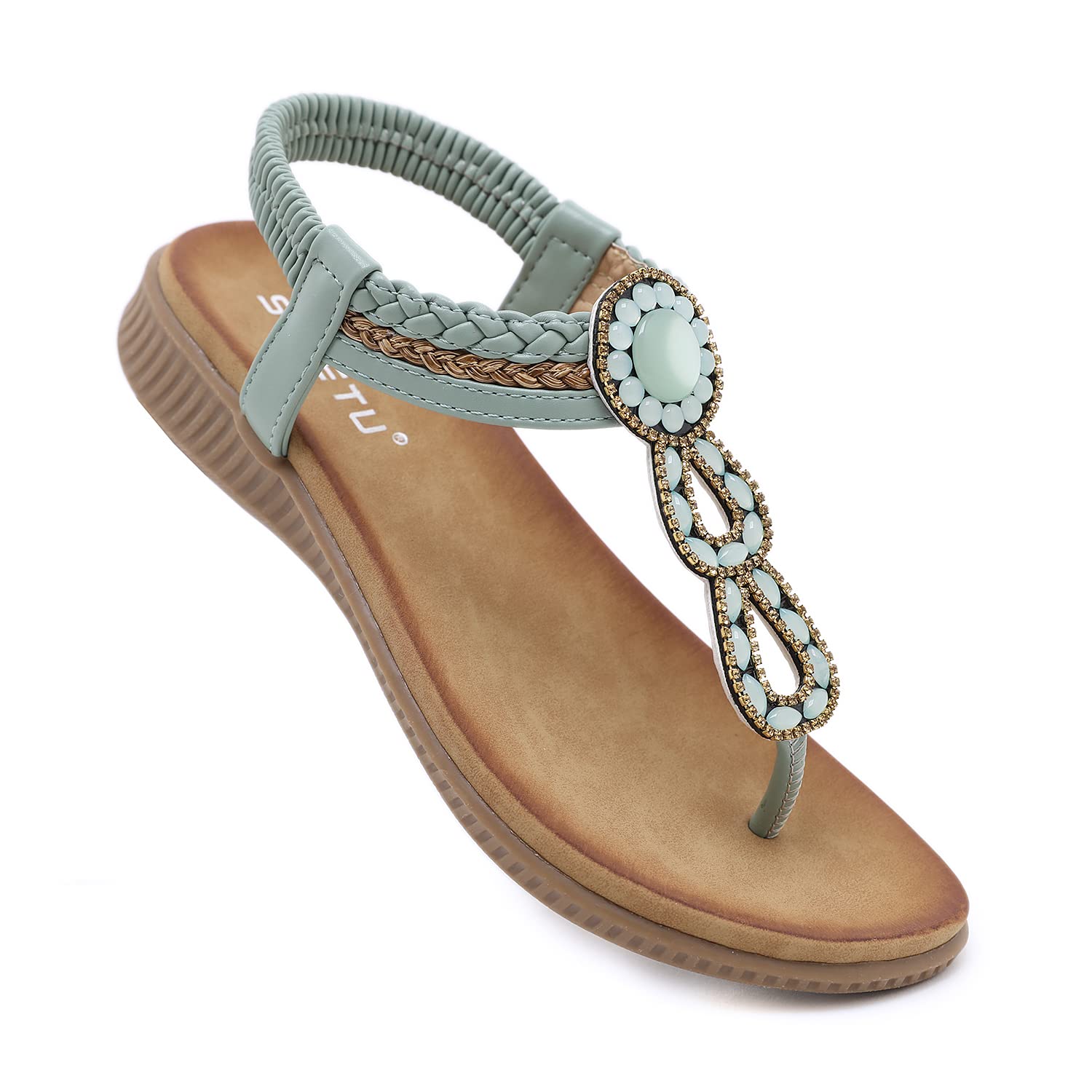 Womens Comfortable Summer Sandals: Non Slip Casual Beach Shoes Decorated with Elastic Ankle and Stunning Bohemian Flats with Jewels