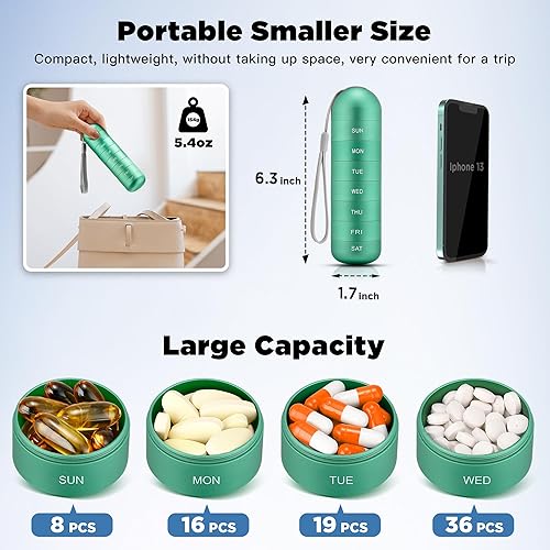 Miniatura 2 de Zannaki Pastillero semanal de metal a prueba de humedad, apilable, aleación de aluminio sin BPA, para viajes, senderismo, pastillero de 7 días,