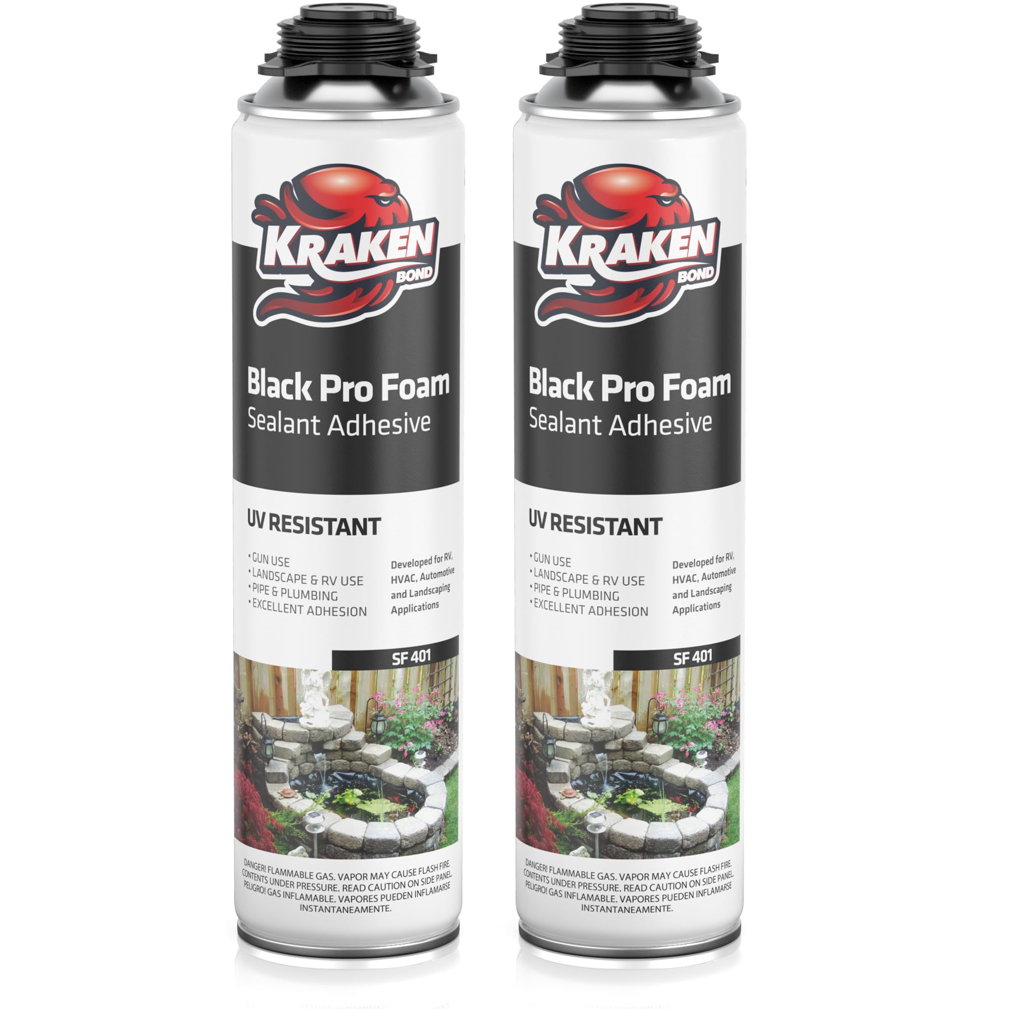 Kraken Bond Black Spray Waterfall Foam Sealant - (2x24oz) Expanding Polyurethane Pond Foam Sealer Black, UV Resistant Insulating Spray for Landscape & Exterior, Gun Use, Gun Not Included, 2 Pack