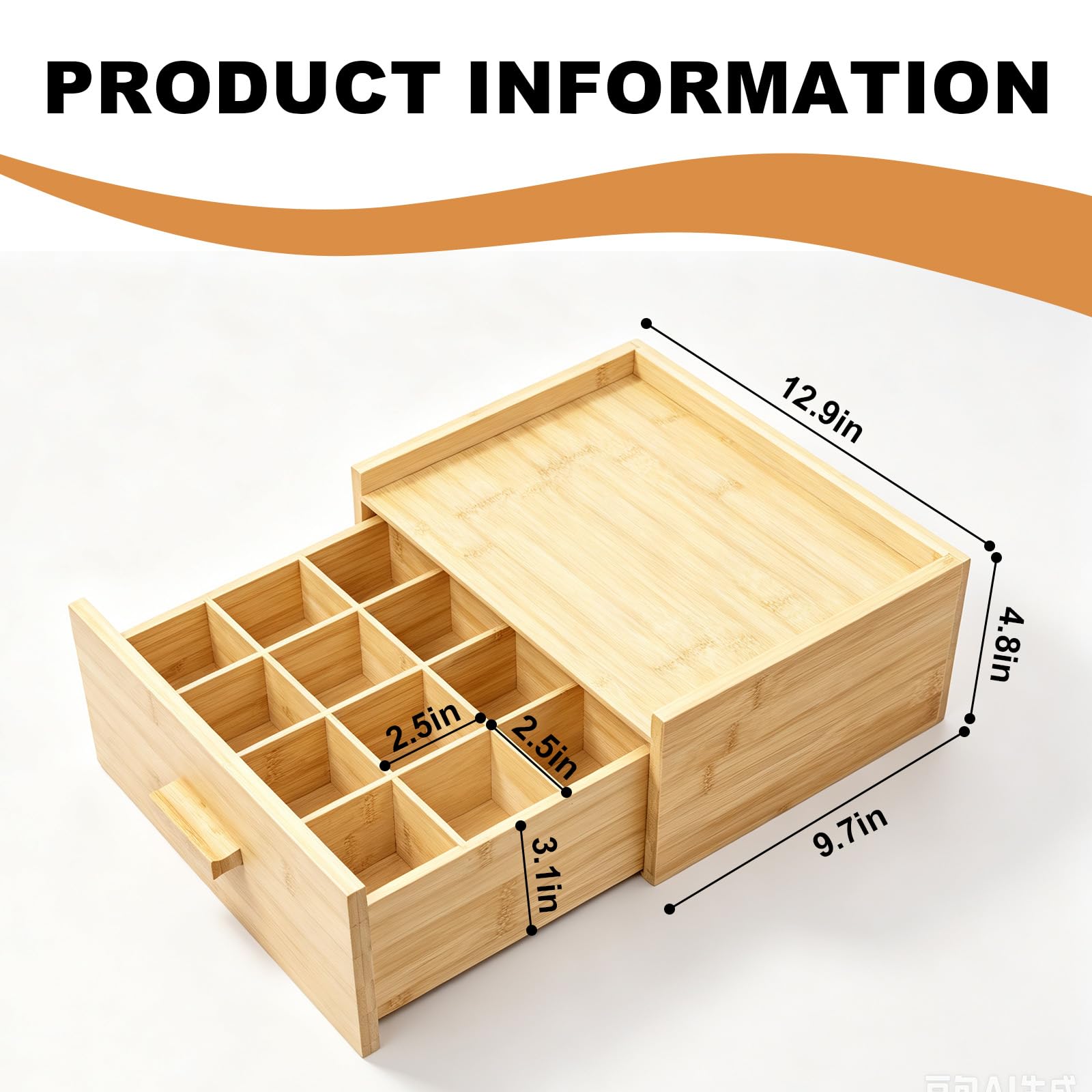 Boîte de rangement en bambou marron avec tiroir, 12 compartiments pour comptoir de thé, boîte à thé en bois naturel pour dosettes de café, sachets de sucre, sachets de thé