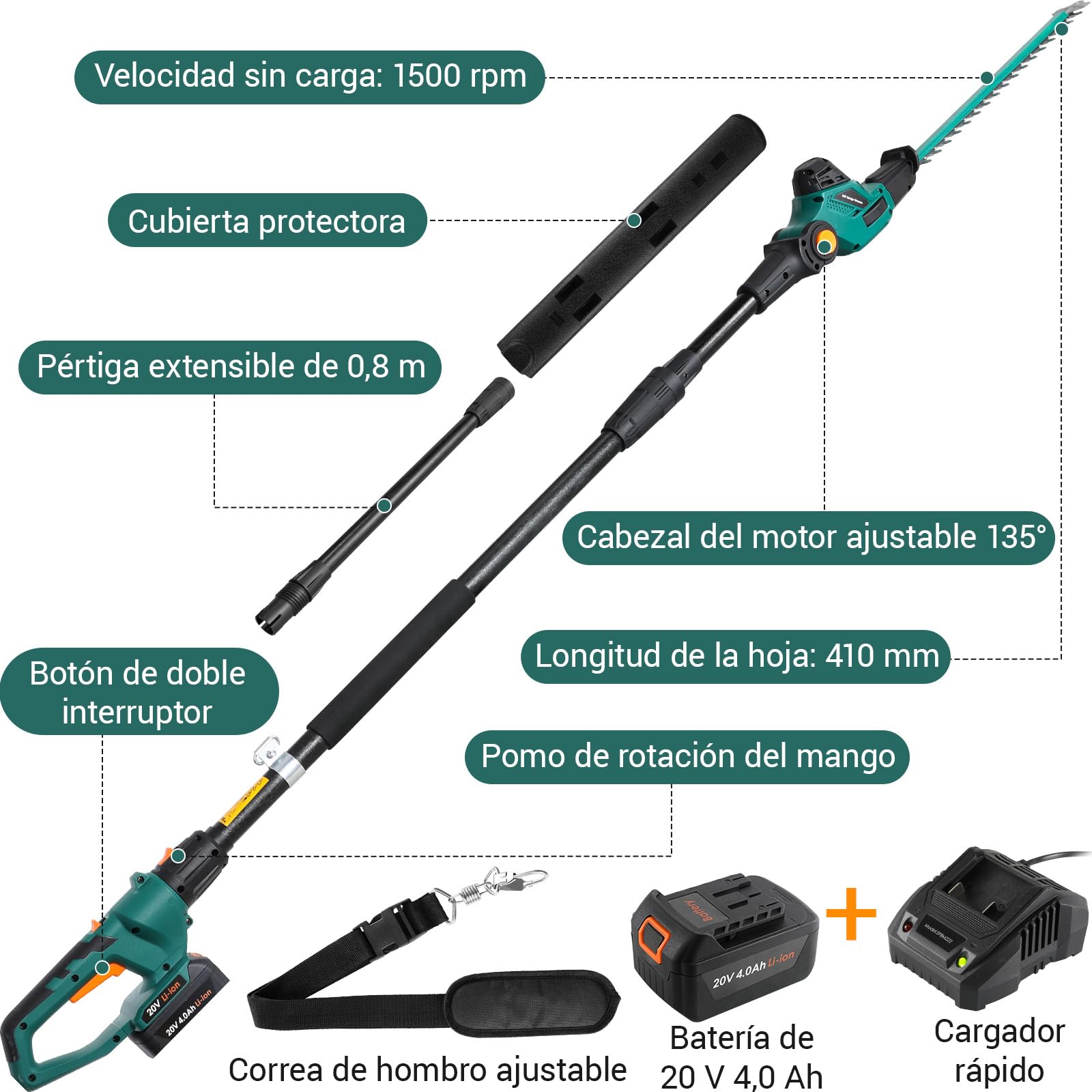 Cortasetos telescópico inalámbrico, Cortasetos inalámbrico, con batería/Cargador de Iones de Litio de 20 V y 4,0 Ah, Longitud de Hoja de 45 cm, Mango Principal Giratorio, Engranaje de Metal