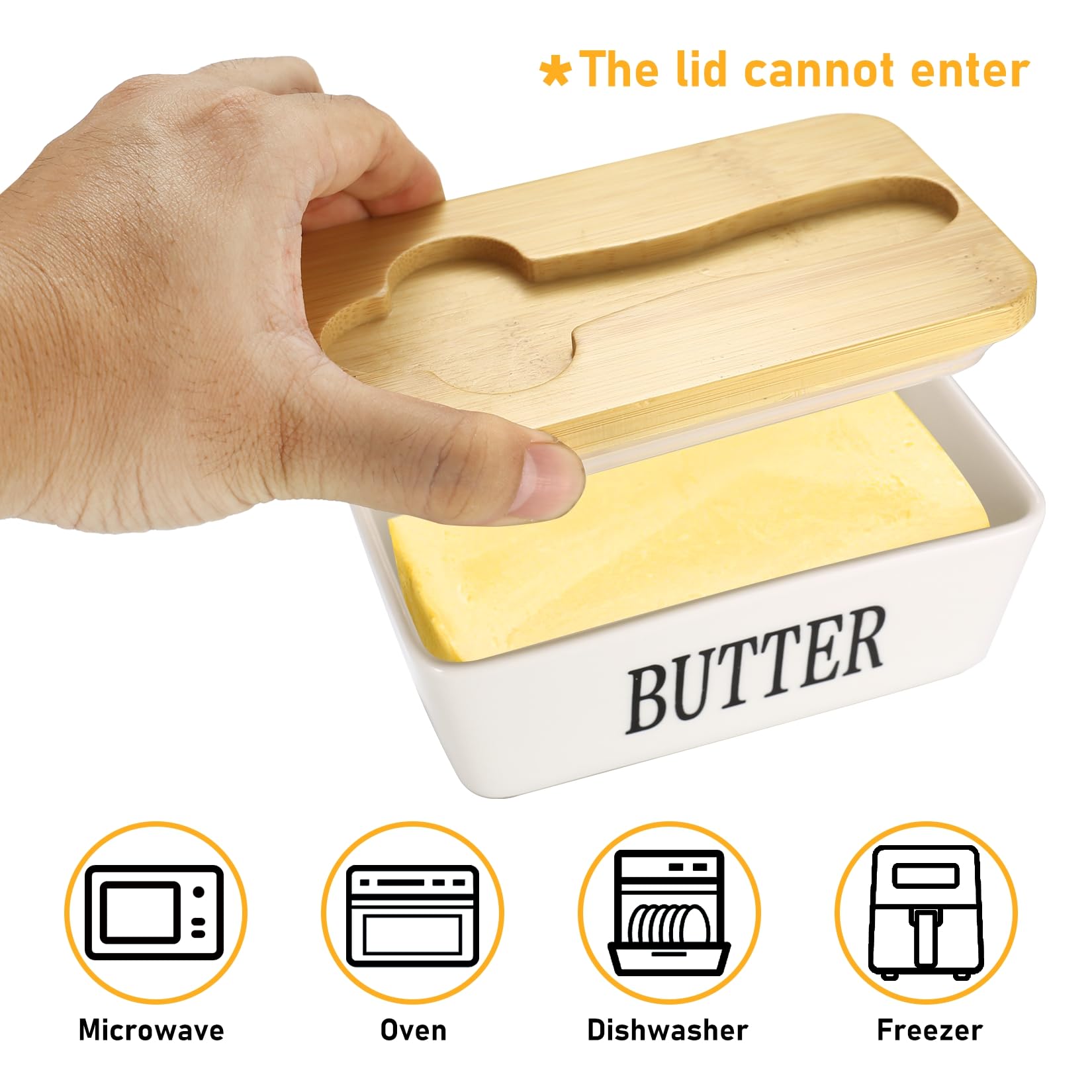 Butterdose mit Deckel und Buttermesser, Butterschale Porzellan mit Holzdeckel, Butterdose Aufbewahrung Butterbox Keramik mit Silikon Luftdicht für Haushalt Küche für 350ml Butter