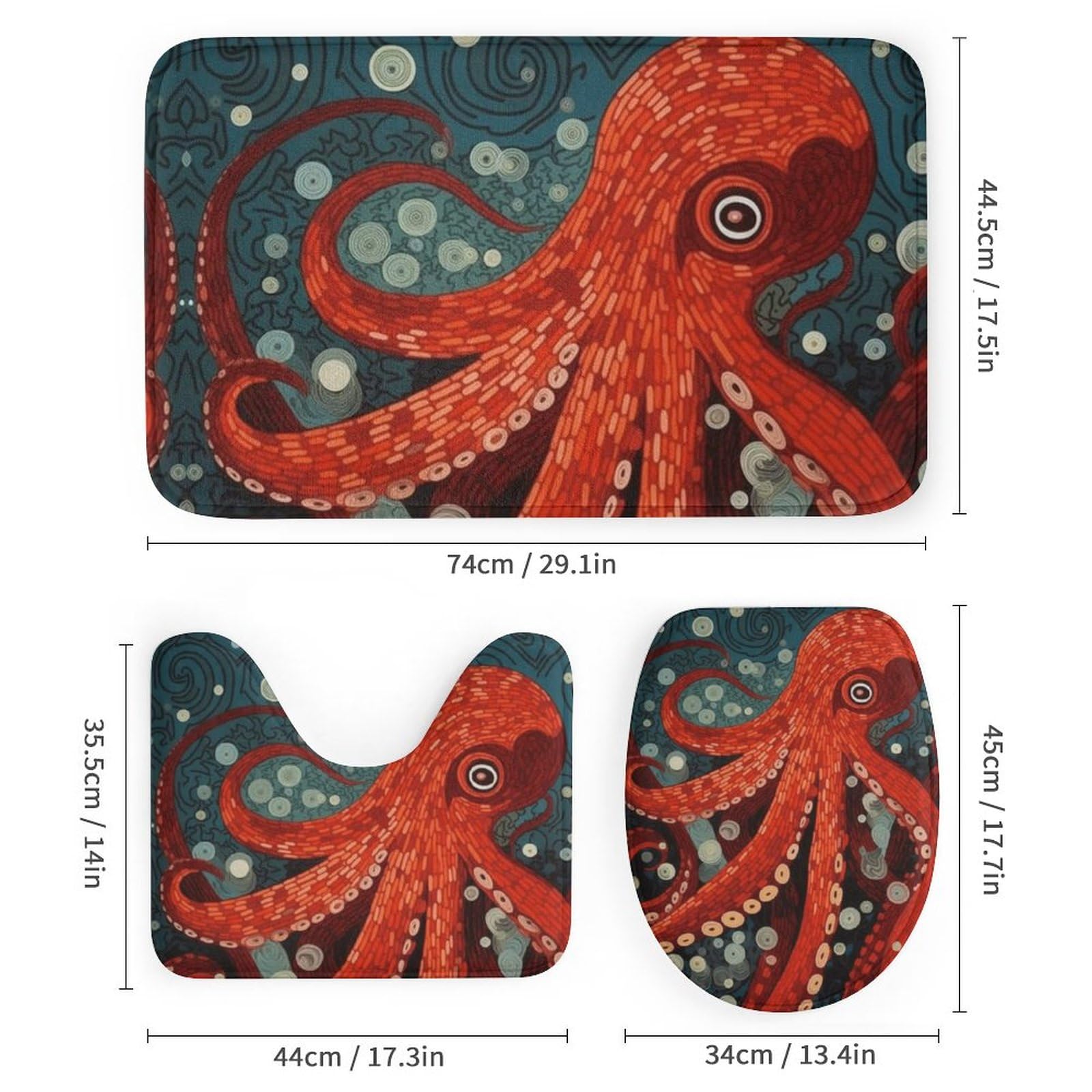 Dunmat Duschvorhang-Set Oktopus-Motiv – 4-teilig Mit Matte, WC-Bezug & Teppich, Inkl. 12 Haken