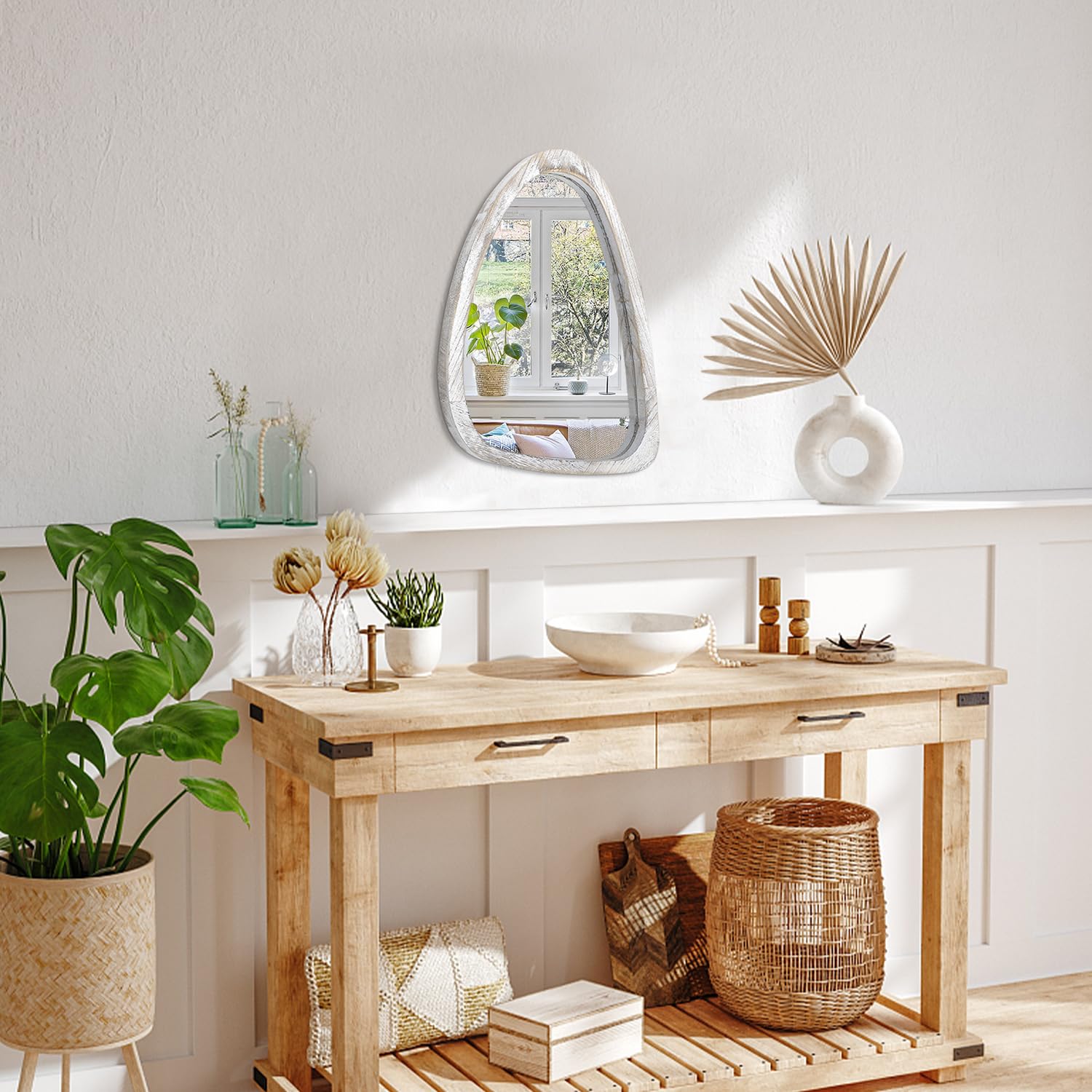 Asymmetrical Hanging Wood Mirror for Wall Irregular Oval Frame Small Wall Mirror Modern Unique Decorative Vanity Bedroom Living Room Bathroom Bedroom Entryway Aesthetic Mirror White
