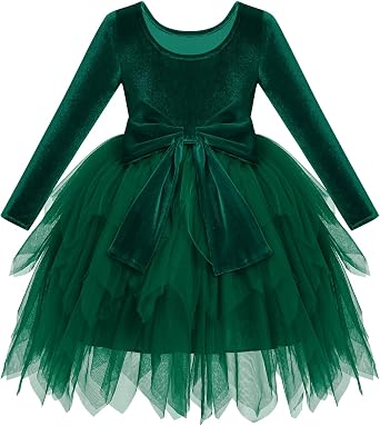 Kids Girls Fall Winter Long Sleeve Velvet Asymmetric Handkerchief Hem Tiered Tulle Tutu Dress Wedding Flower Girl Dress