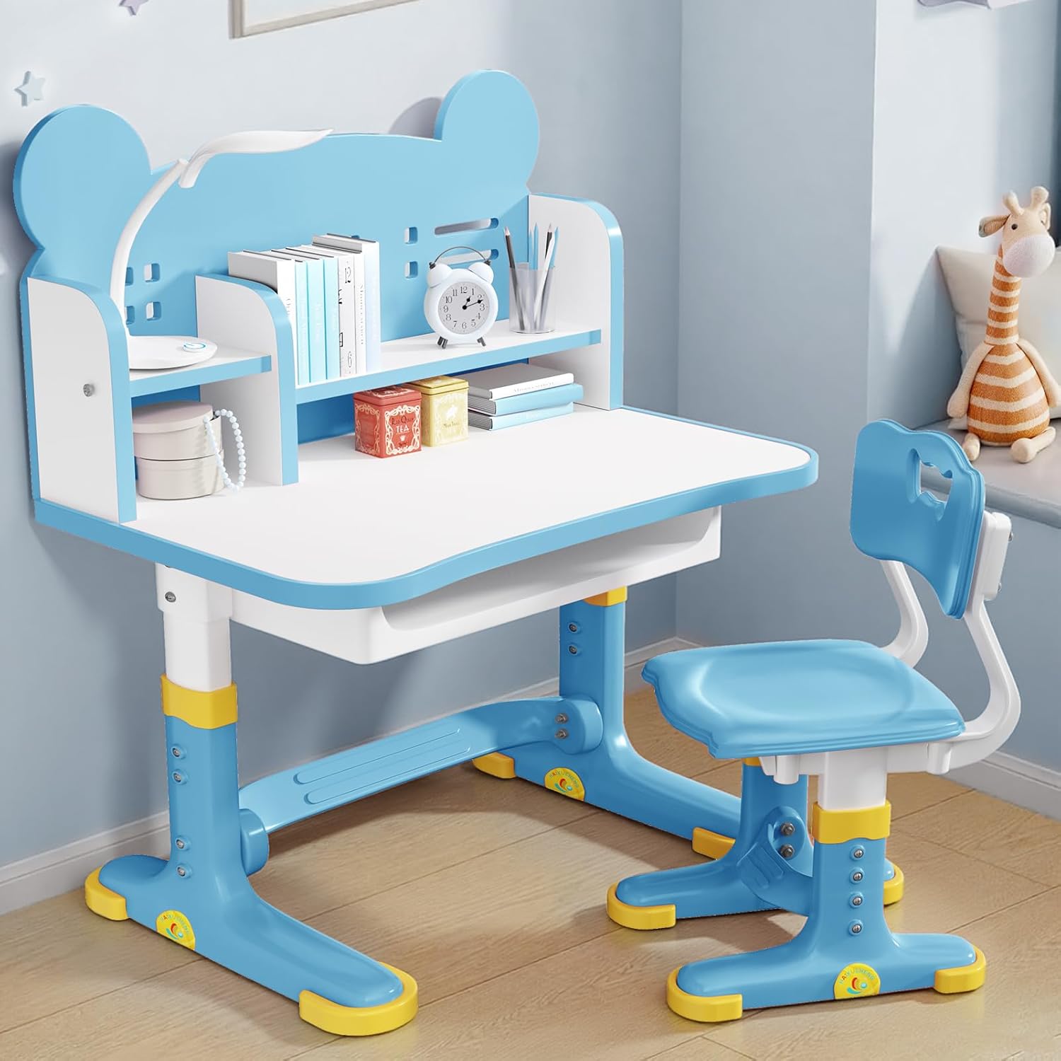 Kids Desk and Chair Set, Height Adjustable Child's School Study Writing Tables, Kids Desk with Bookstand and Storage Drawer, Widened Desktop with Desktop for Boys and Girls (Blue-F)