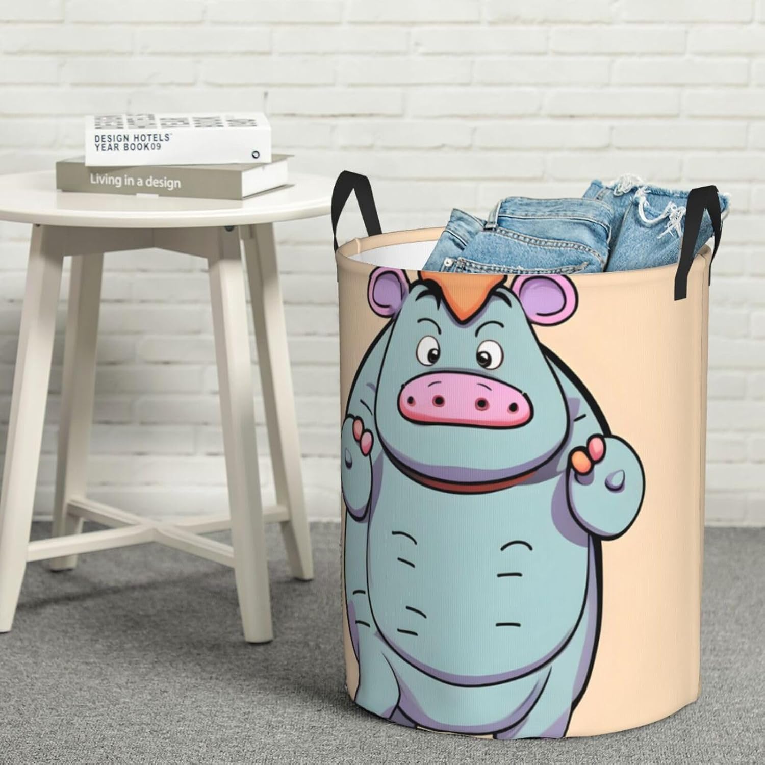 Cartoon Hippos Round Waterproof Oxford Fabric Large Clothes Basket Laundry Hamper With Handles,Toy Storage