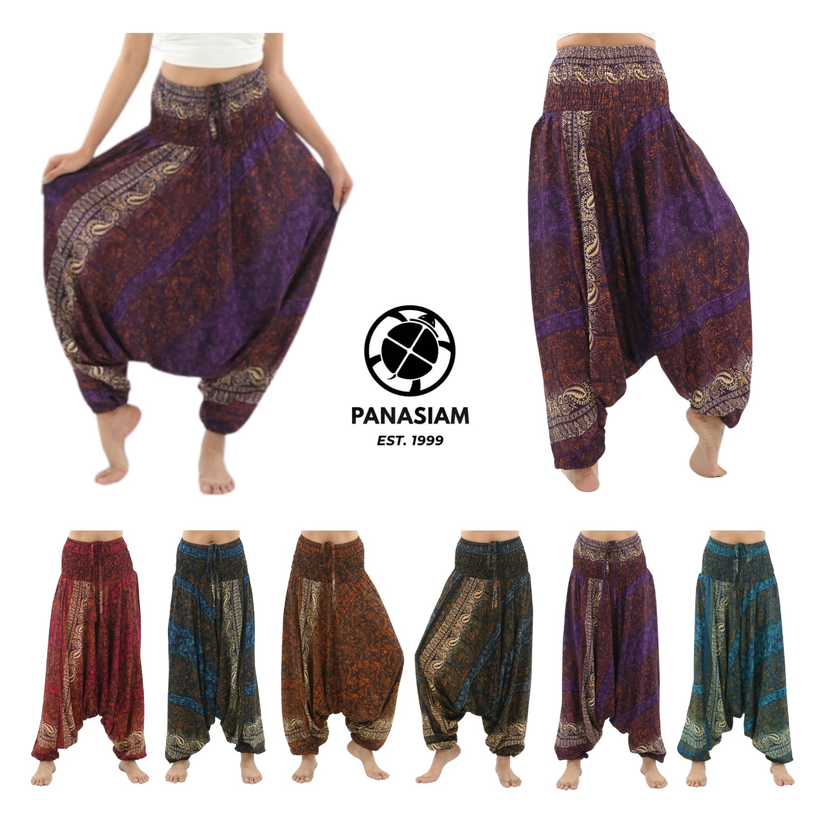 PANASIAM Aladinhose Indostyle - indonesische Haremshose, Yogahose, Sarouelhose, Goa-Hose, Pluderhose, Damen & Herren, Freizeit, Festival, 100% Viskose