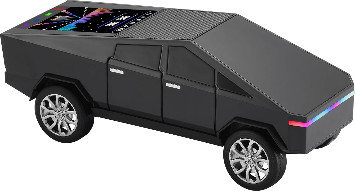 YONCHO Cybertruck Portable Bluetooth Speaker, Replica Car with Display Screen, HD Sound, TWS Pairing, FM Radio, Built-in Mic, Remote Selfie Control, LED Party Light, Gift for Car Lovers
