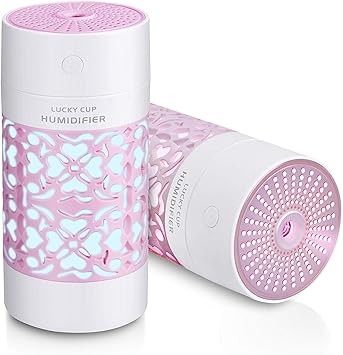 GNANISHWA Portable Humidifiers Car Humidifier Cool Mist Humidifying for Kids Rooms Travel Office Bedroom with High and Low Mist Settings Multiple Colors Night Light Auto Shut-Off 250ml (LIght Pink)
