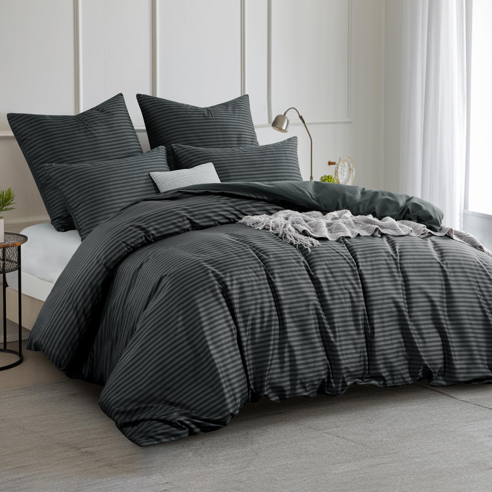 Aisbo Super King Bedding Duvet Cover Sets, 3 Pieces Striped Bedding Set Black and Grey - Image 2