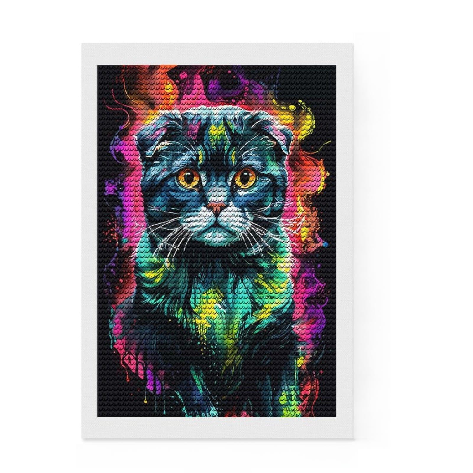 Junmoney Scottish Fold Cat Portrait Neon Full Drill Diamond Painting Kit 8"x12", Satisfying Creative Project, Finish and Display, Stress Relief Craft