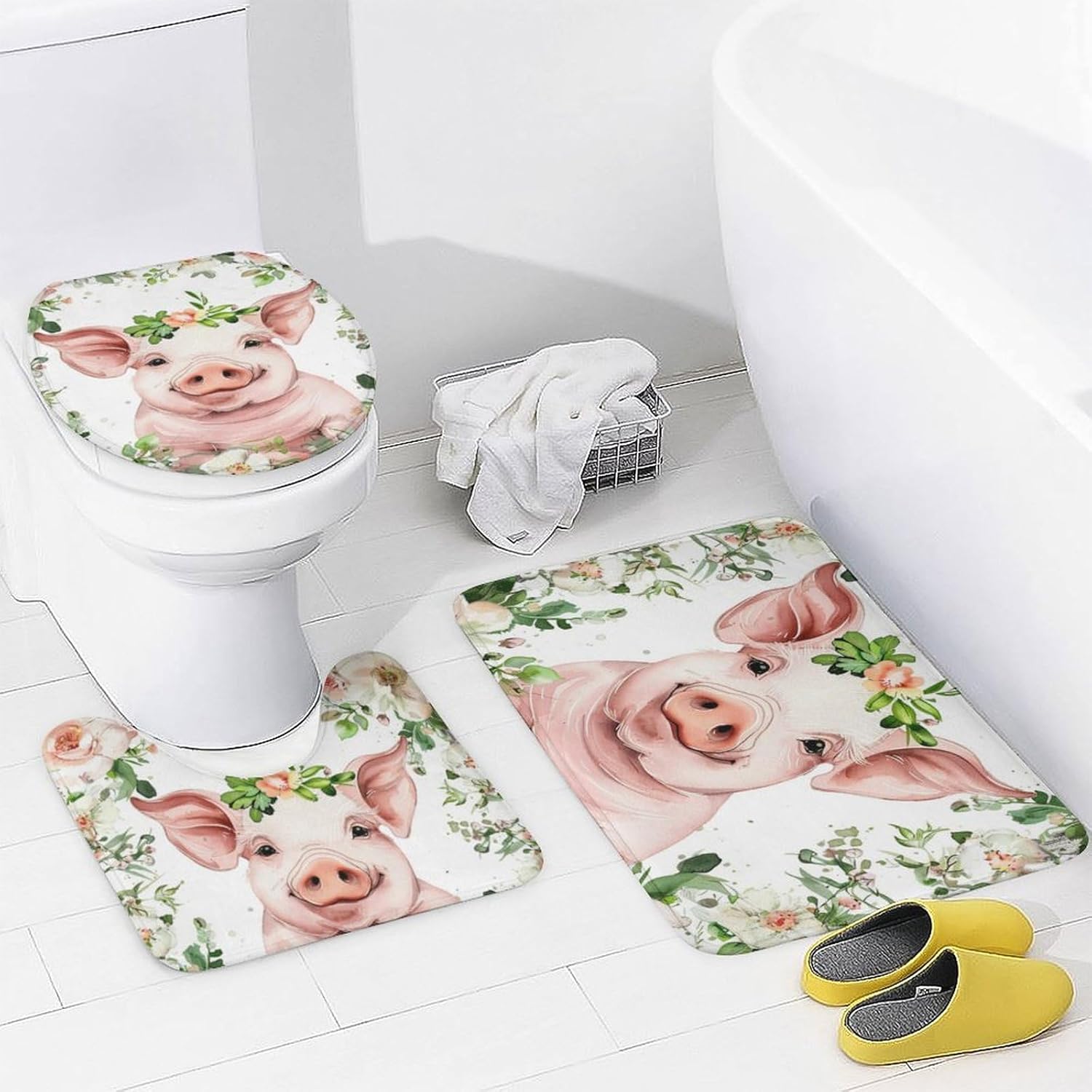 4Pcs Floral Wreath Pig Shower Curtain Set, Retro Rustic Green Leaves Plants Bathroom Decor Set with Rug Bathroom Accessory Bathroom Curtain Shower Set, 72" x 72"