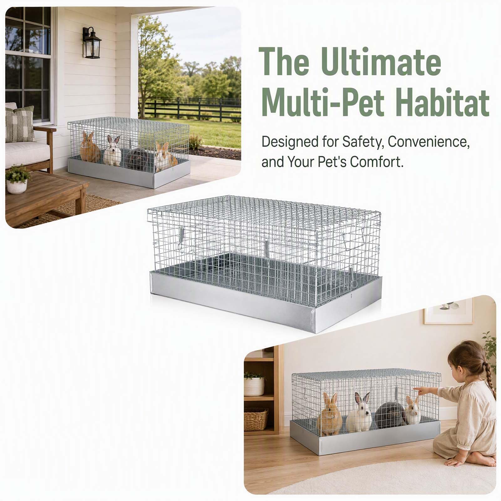 Faltbarer Transportkäfig für Kaninchen und Meerschweinchen aus Metall, 4 Löcher, tragbare Tragetasche mit Tablett und Griffen für Reisen, Indoor-Outdoor-Lebensraum für Kleintiere (1, Silber