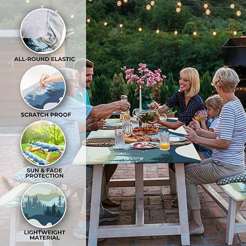 Miniatura 5 de RNOONY Funda de mesa de picnic de poliéster de 8 pies con fundas de banco, resistente al viento y al agua, perfecta para regalos de campamento y