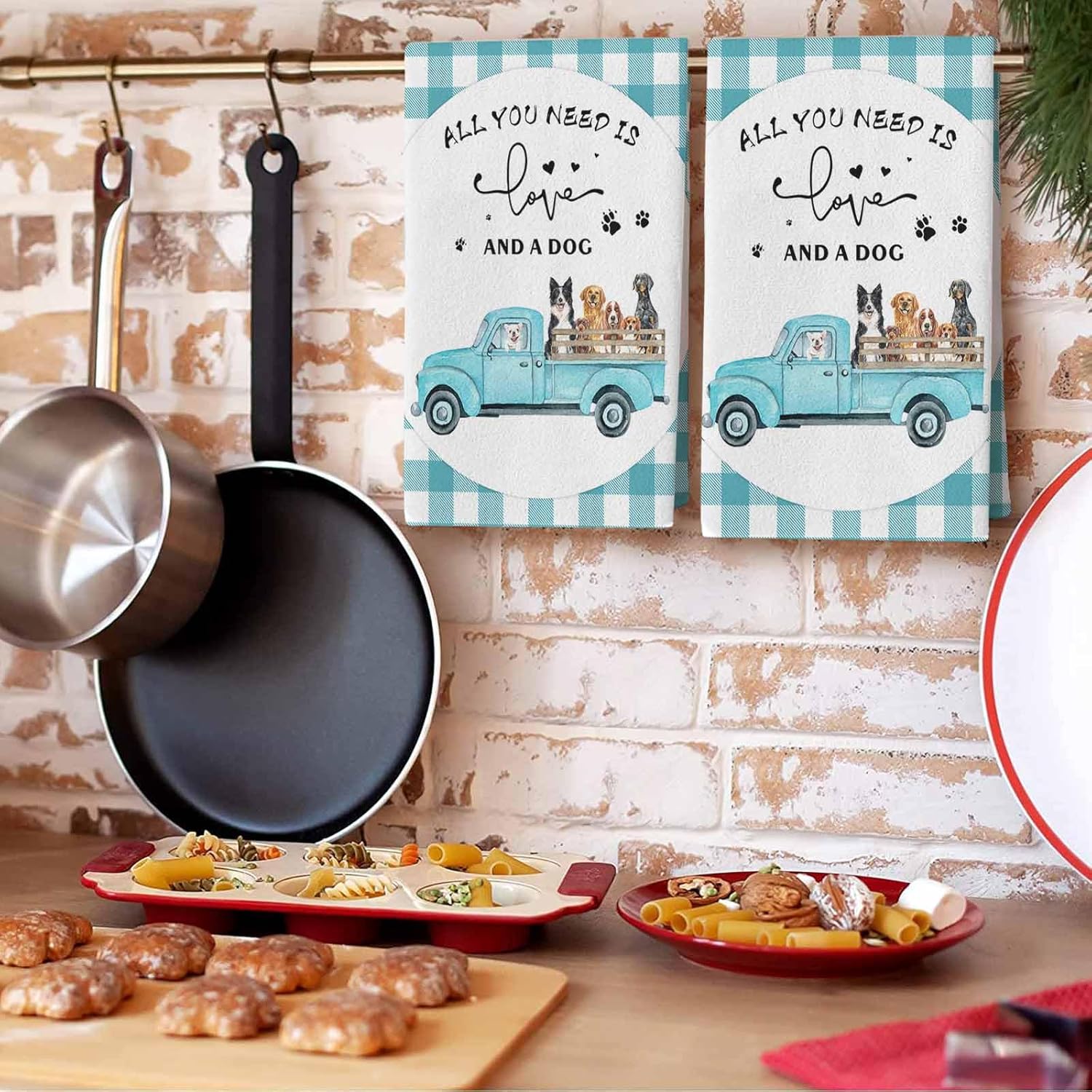 Kitchen Dish Towels Old Truck with Dog Water Absorbent Hand Towels Farmhouse Teal Green Buffalo Check Plaid Tea Towels Dish Cloths for Kitchen Cleaning Drying Set of 2