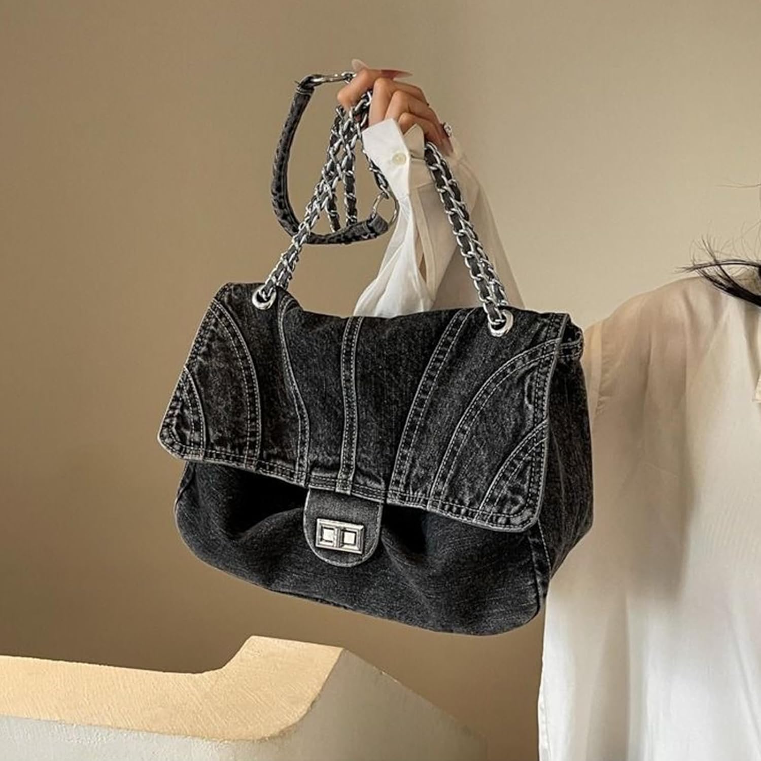 Denim Purse for Women Trendy Jean Purses Large Denim Tote Bag Fashion Crossbody Bags with chain - Image 3