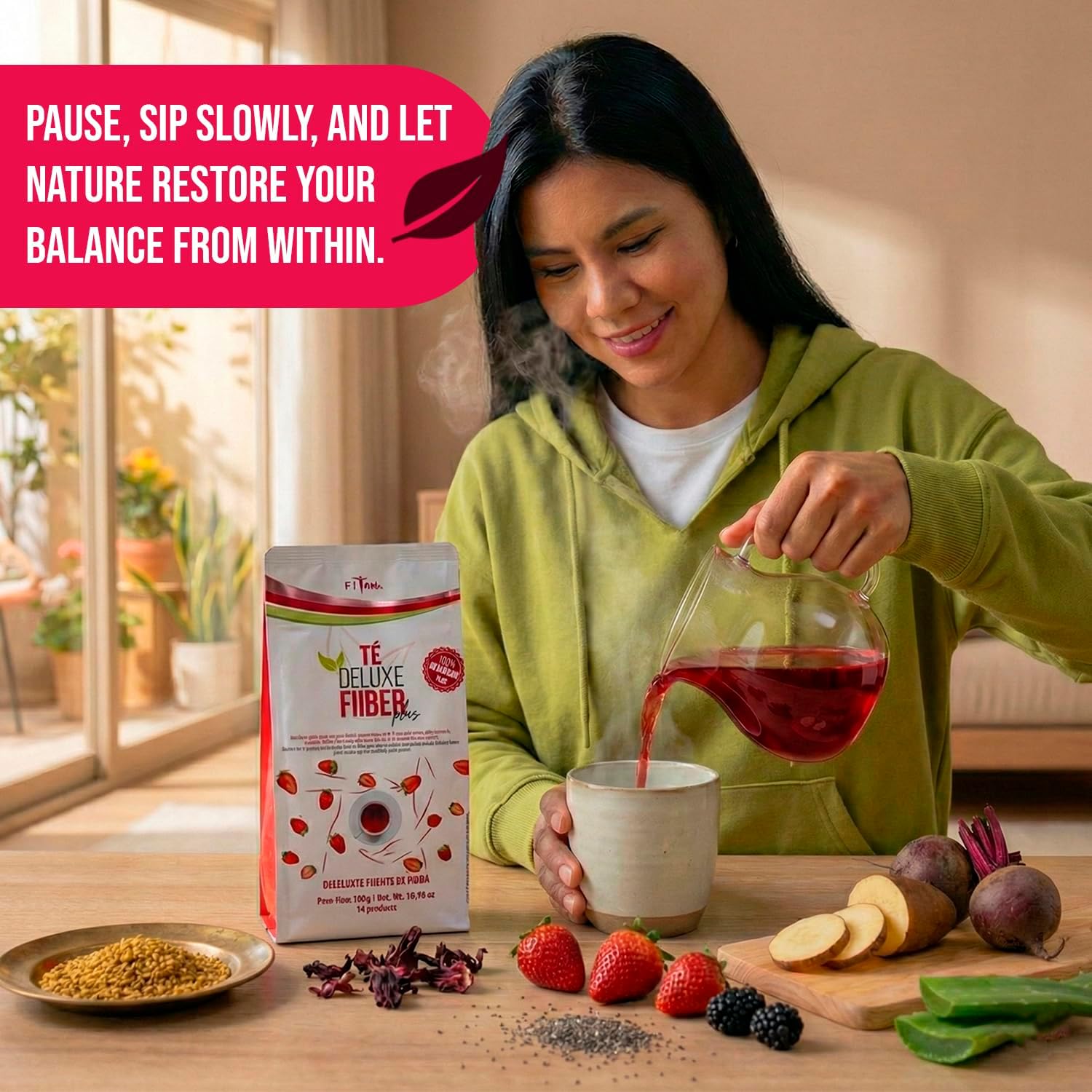 Te Deluxe Fiber Plus Digestive Support Tea Blend with Yellow Tea, Flaxseed, Chia & Aloe Vera, Natural Fiber & Herbal Infusion with Strawberry, BlackBerry & Beetroot, Stevia Sweetened - 30 Servings
