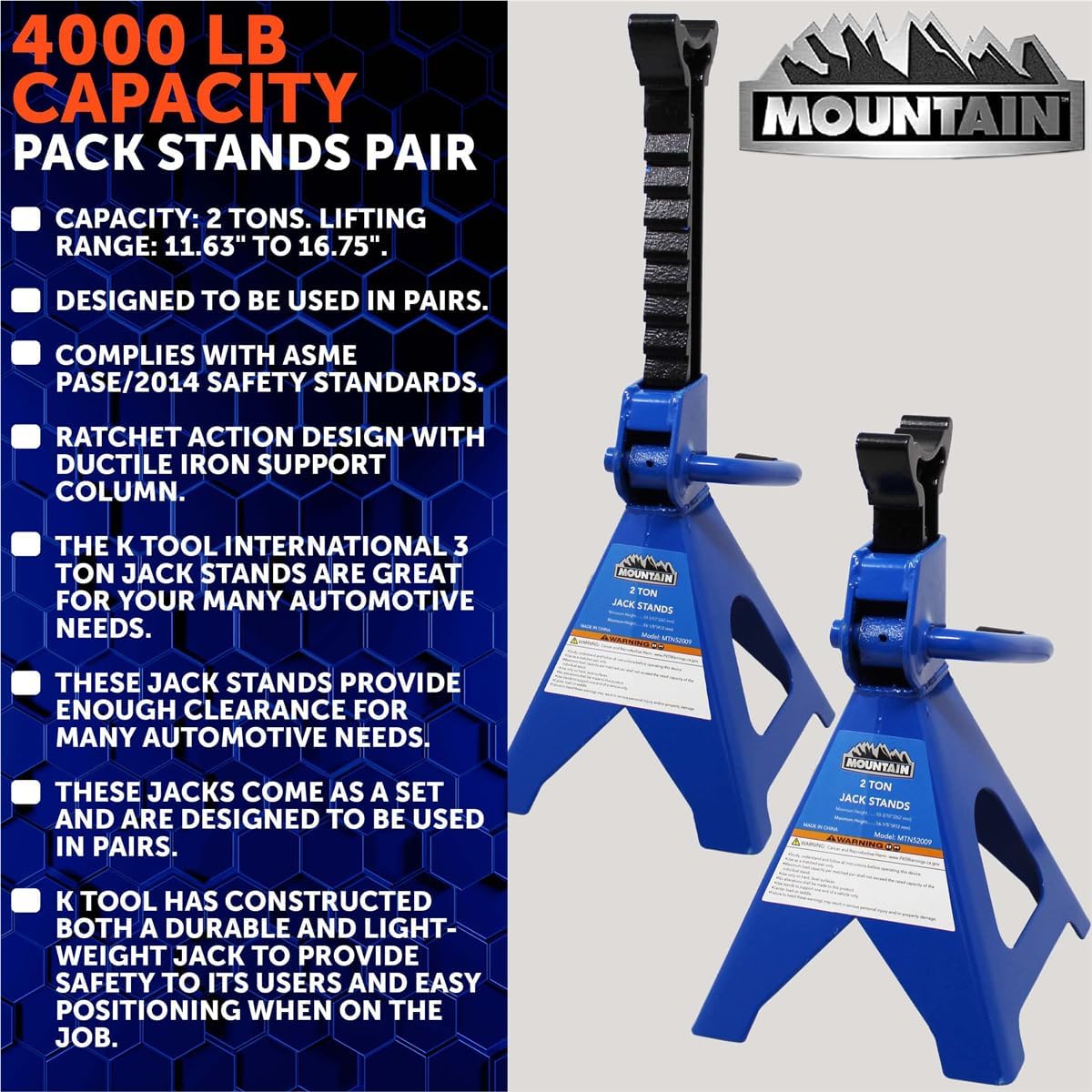 Mountain 52009 2 Ton Automotive Jack Stands for Garages, Repair Shops, and DIY, 4,000 lbs.. Capacity, Lightweight, Heavy Duty Steel Frame, Adjustable Height 10.3"- 16.2", Wide Base, Black/Blue, Pair