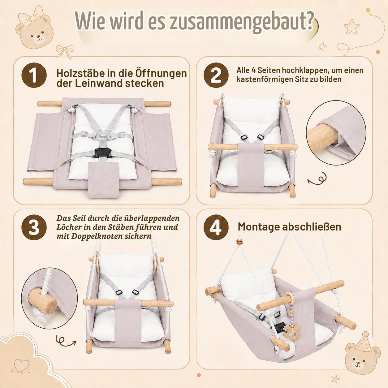 Babyschaukel Indoor 3 in 1,Hängeschaukelsitz aus Holz mit Sicherheitsgurt und Baumwollkissen, Einstellbar Baby Hängematte Schaukel, Kinderschaukel für Outdoor, Liegestuhl für Kinder, 6–36 Monate