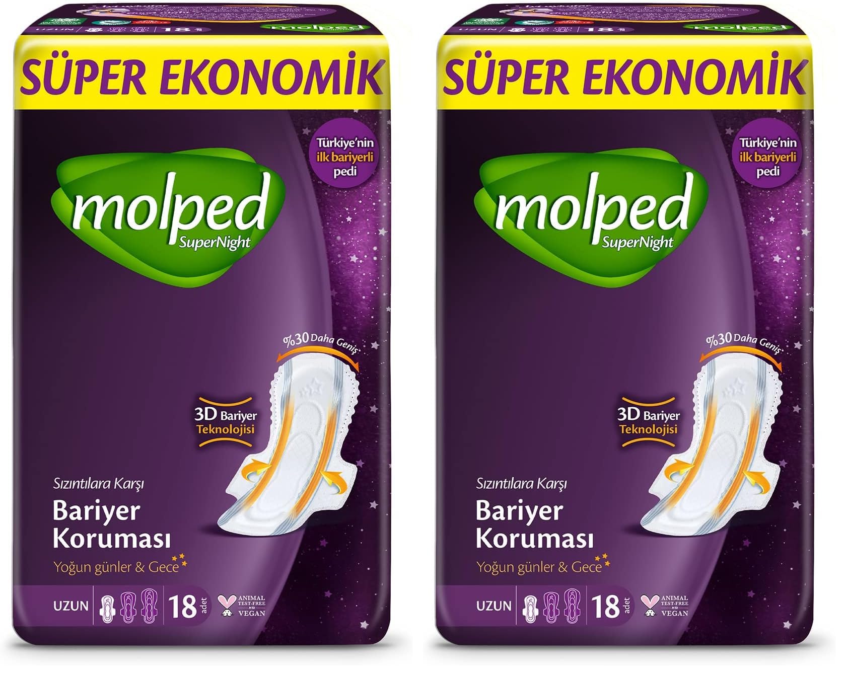 Molped Supernight Ultra Hijyenik Ped Uzun Süper Ekonomik 18 Adet 2li paket