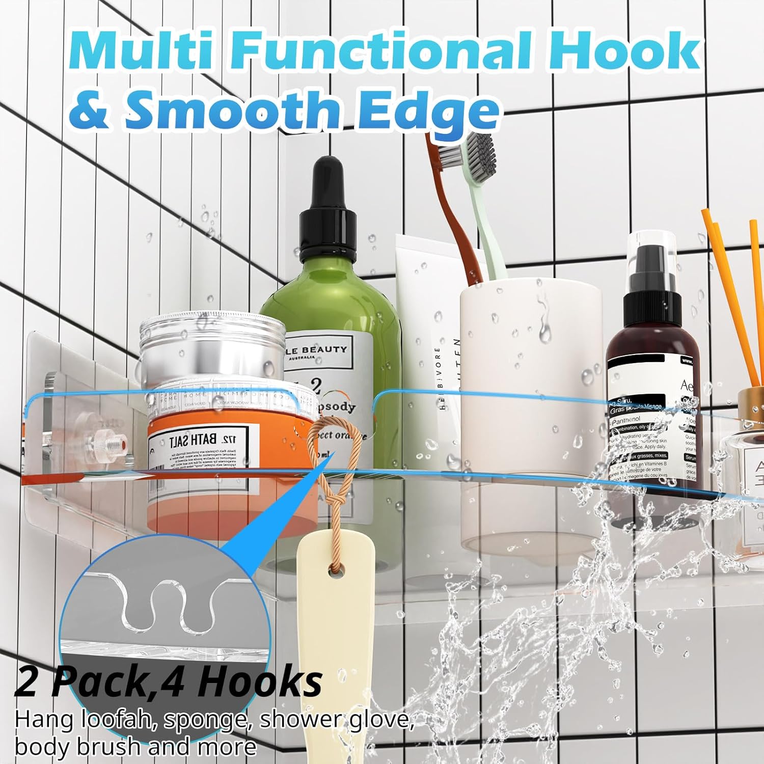 2 Pack Acrylic Corner Shower Caddy, Clear Corner Shower Shelf with 4 Hooks, Adhesive Wall Mounted Bathroom Shower Shelf Organizer for Inside Shower & Kitchen Storage - Image 6