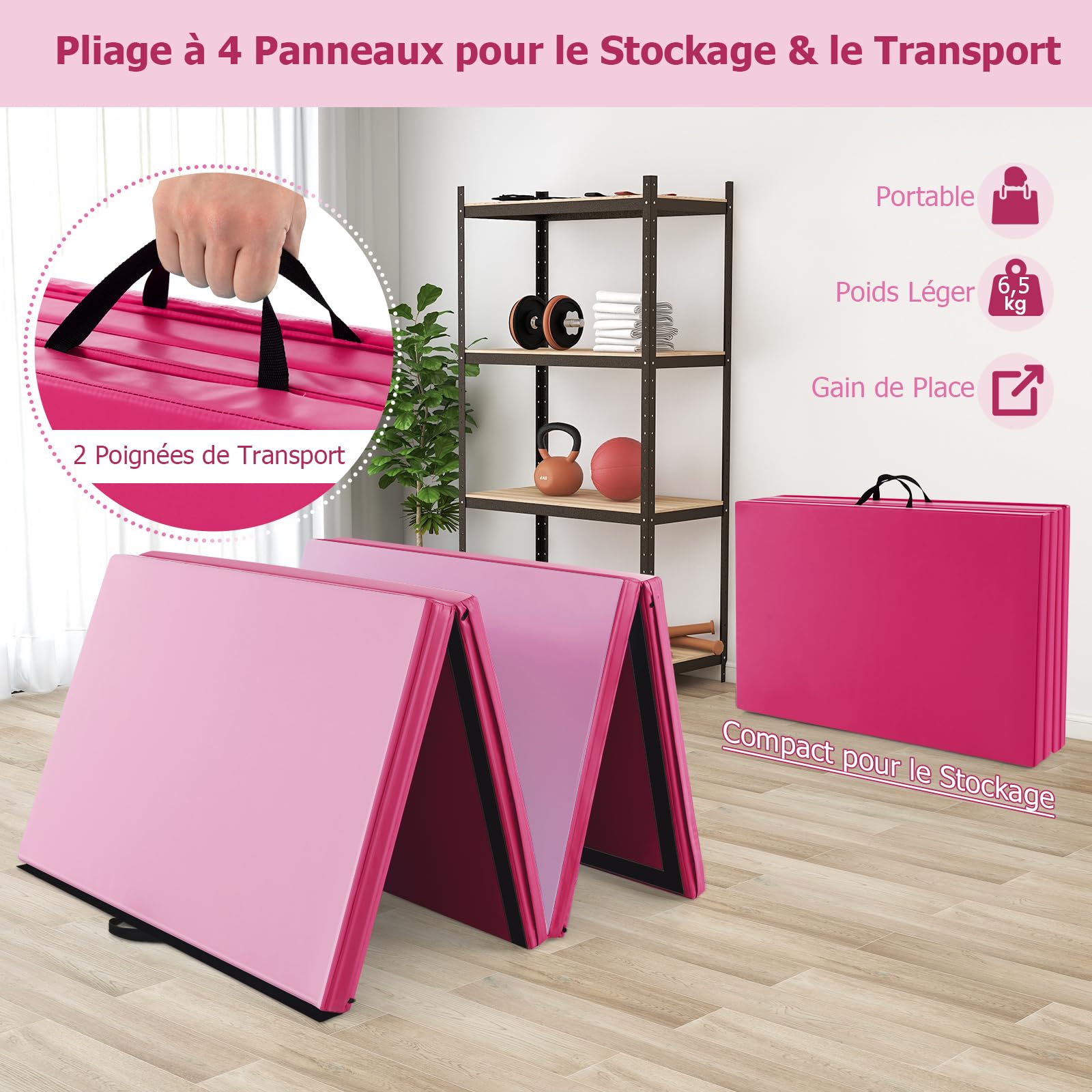 GOPLUS Tapis de Gym Pliable à 4 Plis, 300 x 117 x 5 CM, Tapis de Gymnastique en Cuir avec Fermeture à Boucle, Combinaisonable avec Crochet, Poignée de Transport, Tapis de Sport pour Fitness, Gym, Yoga