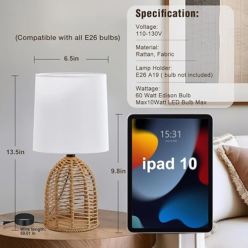 Miniatura 2 de Juego de 2 lámparas bohemias de ratán de 13.75 pulgadas, mini lámpara de mesa rústica para mesa auxiliar, lámparas pequeñas decorativas para