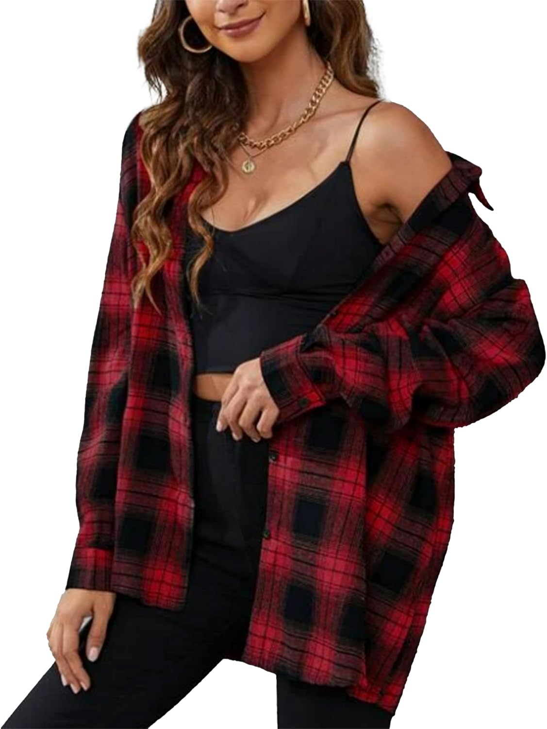 Womens Oversized Flannel Plaid Shirts Casual Button Down Blouse Tops with Pockets