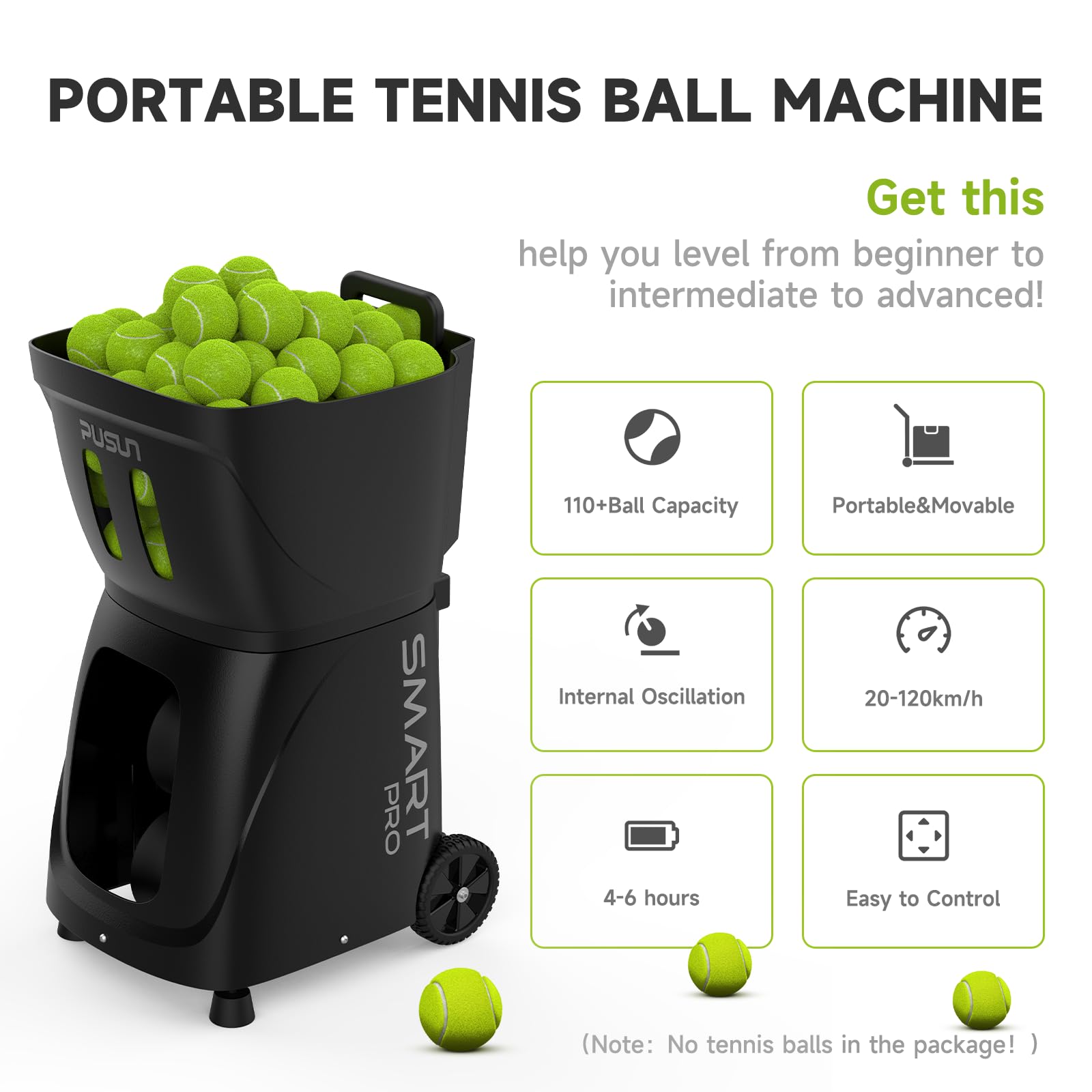 PUSUN PT-Smart Pro, macchina per lanciare palline da tennis, attrezzatura per allenamento professionale, doppio controllo tramite telecomando e app, capacità 115+palline, modalità di allenamento