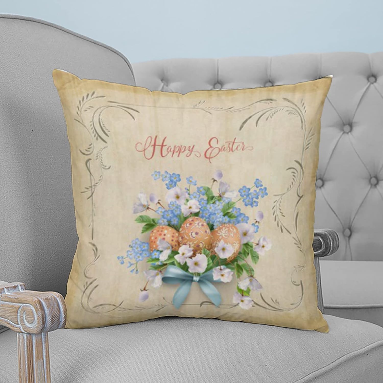 Vintage Spring Flowers and Easter Eggs Pillow Cases Holiday Home Decor Cushion Cover Sofa Decor Pillowcase