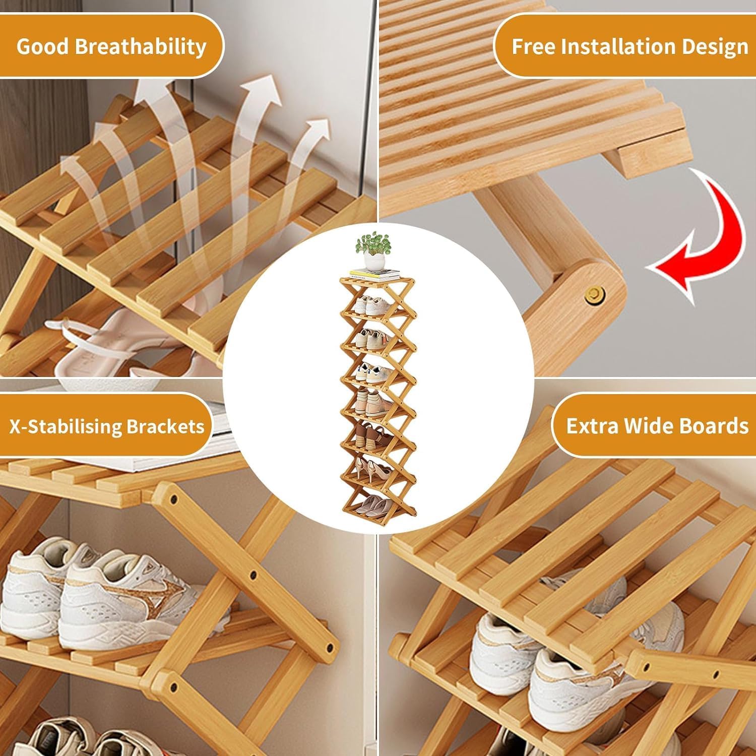 YYW Bamboo Shoe Rack for Entryway,Installation-Free and Foldable Vertical Shoe Storage Organizer,Free Standing Shoe Racks Shelf Closet Shoe Organizer for Living Room (Nature-7 Layers)