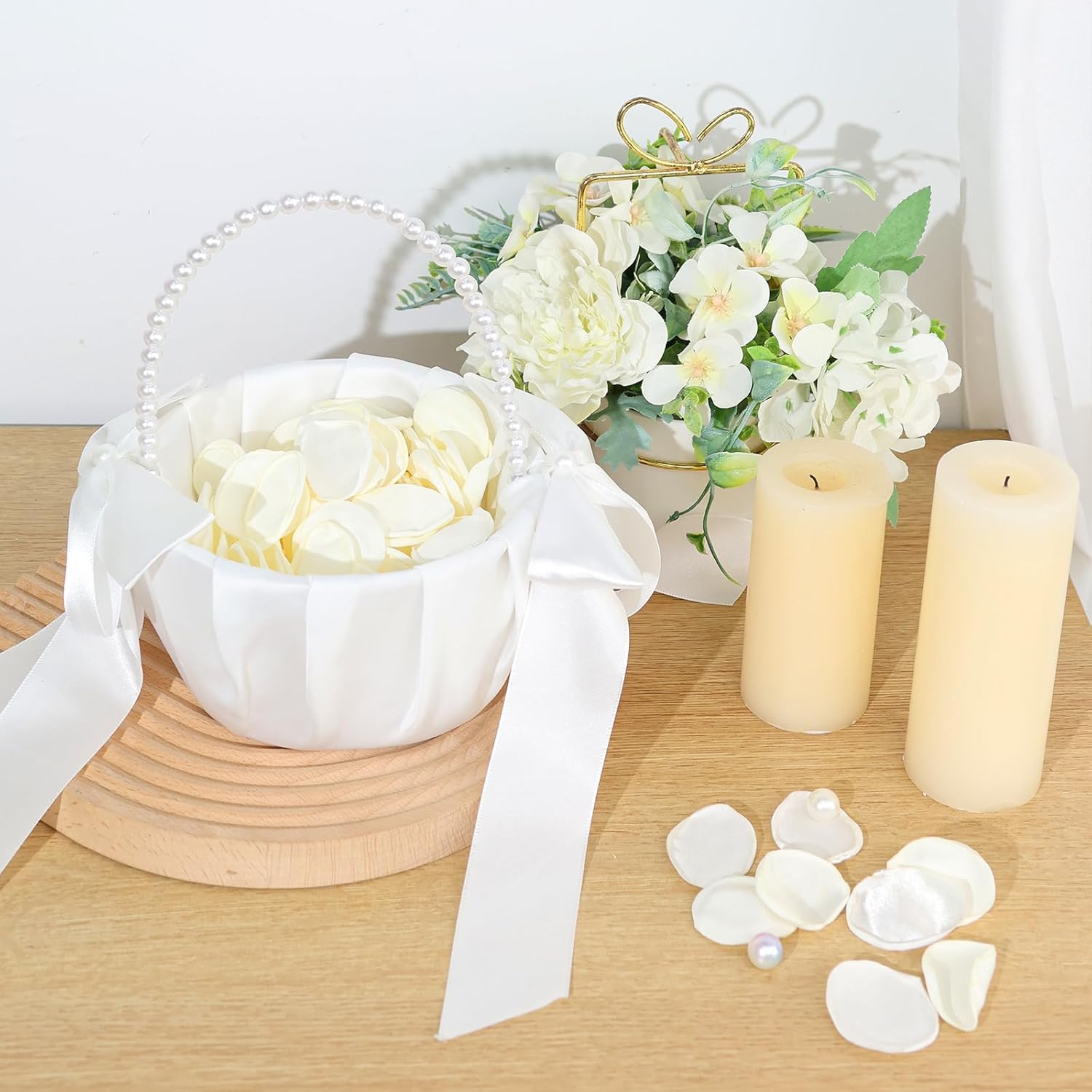 Wedding Flower Girl Basket Set of 2 - With 400Pcs Silk Flower Petals Pearl Handle and Ribbon Bow Wedding Basket, Artificial Flowers for Romantic Night Bridal Party Home Decorations(Ribbon Bow)