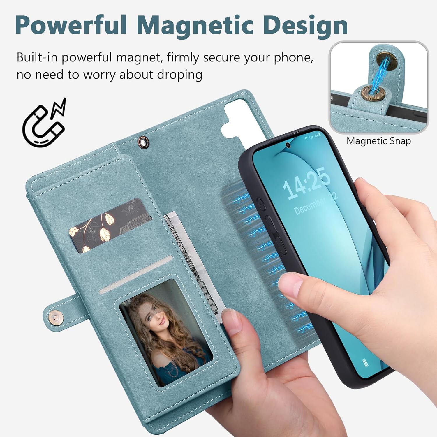 Wallet Case for Samsung Galaxy S24 with Card Holder/Crossbody Wallet/Strap| RFID Blocking | Magnetic | Kickstand | Detachable | PU Leather Phone Case for Galaxy S24,6.2 in,Blue