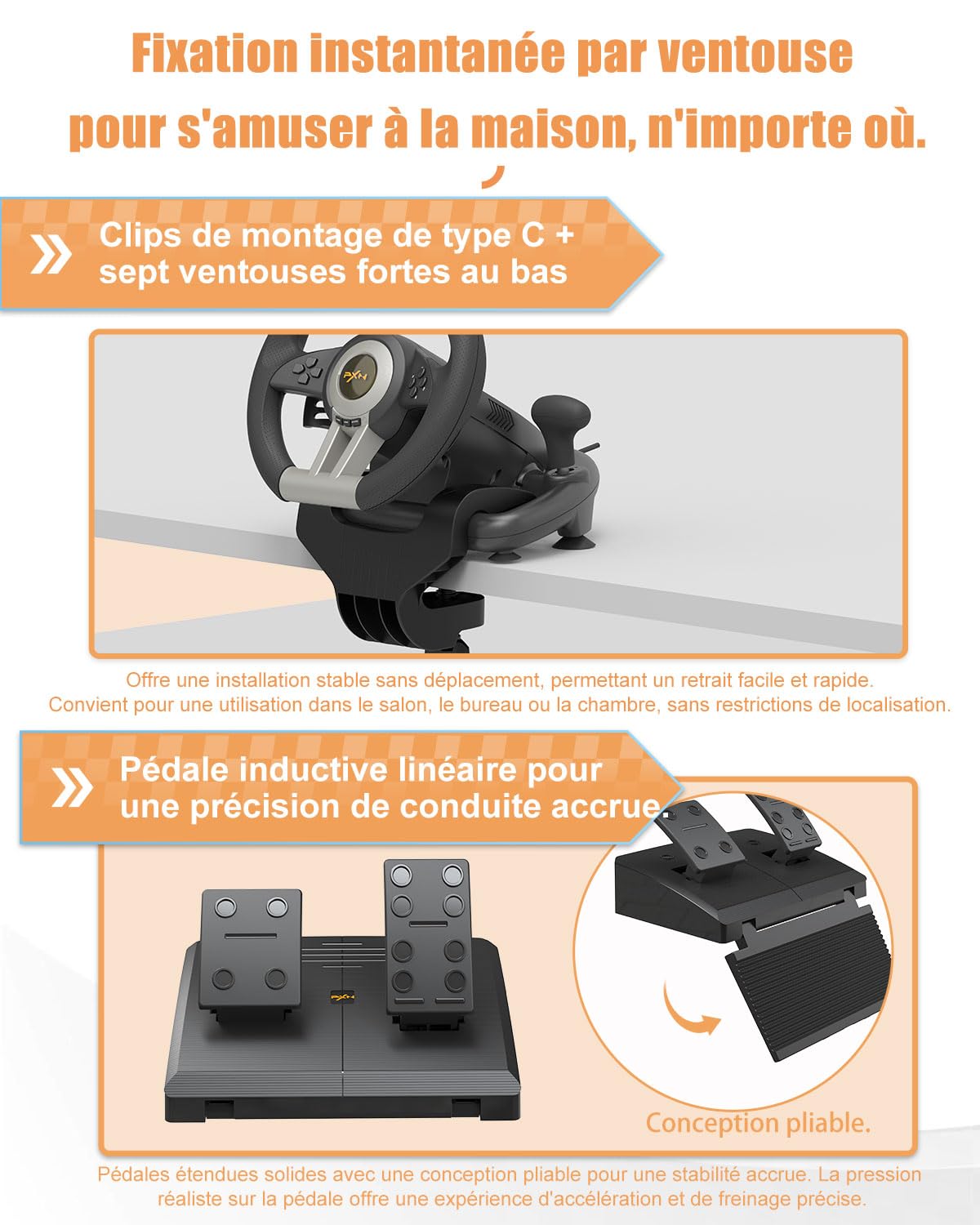 PXN V3 Pro Volant de Jeu avec Pédales - 180°, Retour de Vibration, Levier de Vitesse Intégré, Palettes de Changement de Vitesse - Volant pour PC, PS4, PS3, Xbox et N Switch - Noir