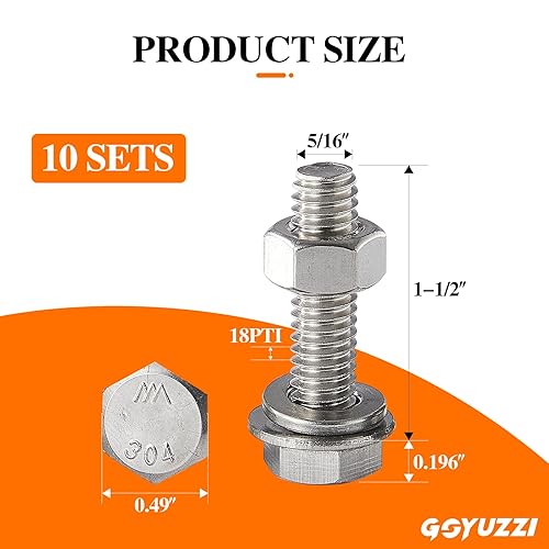 Miniatura 7 de Tornillos de cabeza hexagonal 38-16x2-14, tornillos, tuercas, arandelas planas y de bloqueo, acero inoxidable 304, rosca completa a máquina, acabado