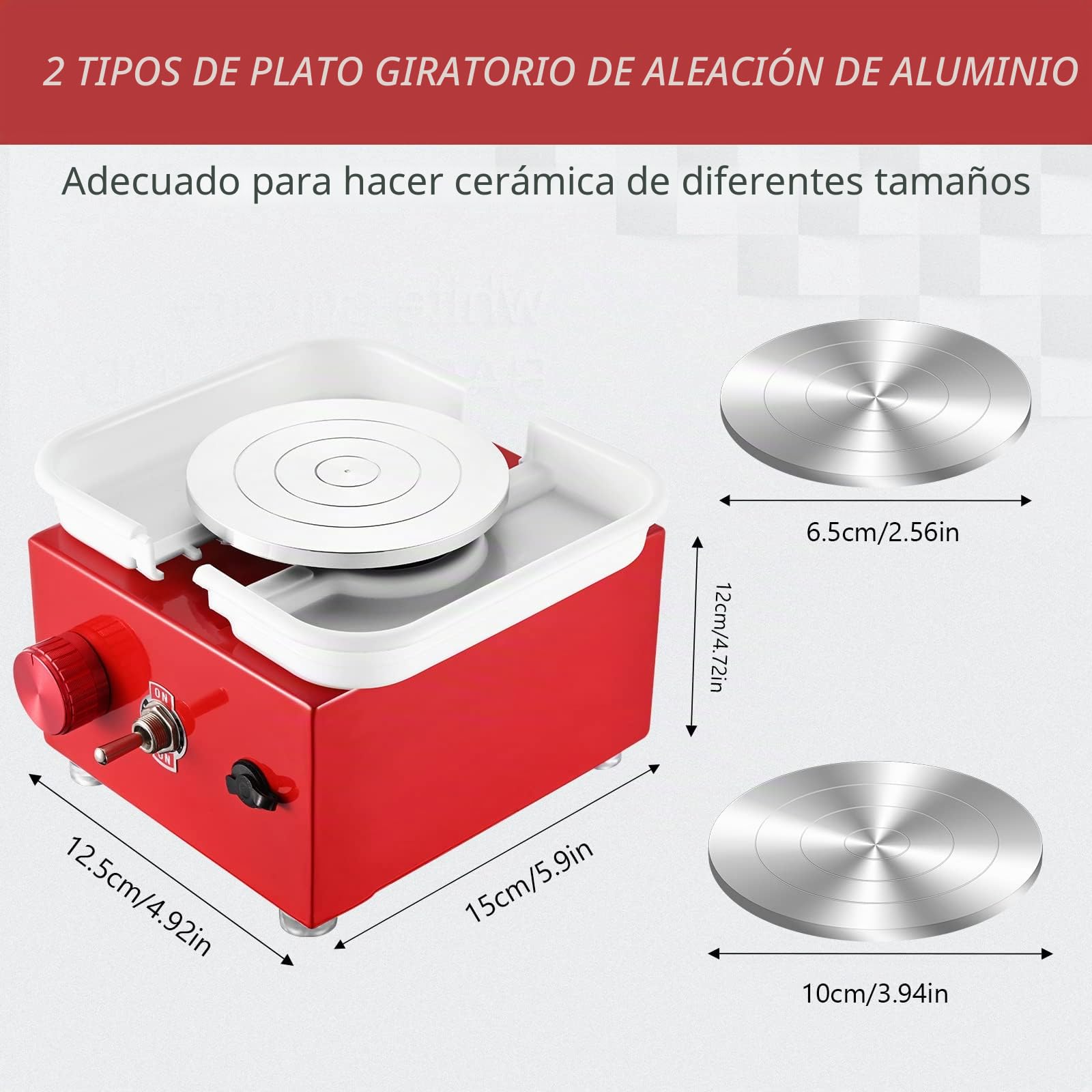 Torno Alfarero,Torno Ceramica 2000 RPM de Velocidad Ajustable,Torno de Alfarero con Placas de 10/6,5 cm,Kit Ceramica para Niños y Adultos（Rojo）