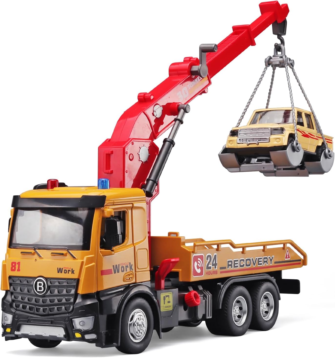 NOVAFUSION Truck and Trailer Toys for Boys,Friction Powered Flatbed Trailer Crane Toy with Lights and Sounds,Tow Truck Toy Metal Diecast Cab,Flatbed Truck Toy with Toy Car,Tow Trucks for Boys Age 3-5