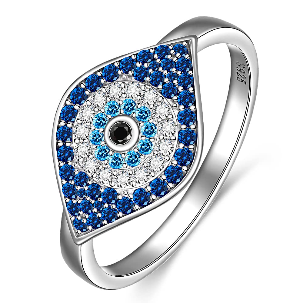 Fenthring Evil Eye Ring Sterling Silver Sapphire Spiritual Turkish Blue Evil Eye Rings for Women Amulet Protection Ring Gift for Her Size 6-9